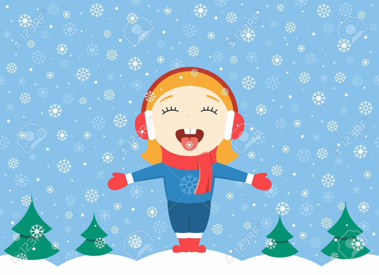 かわいい女の子冬の日の公園に立って 雪の結晶をキャッチのベクター イラストをフラット デザイン のイラスト素材 ベクタ Image