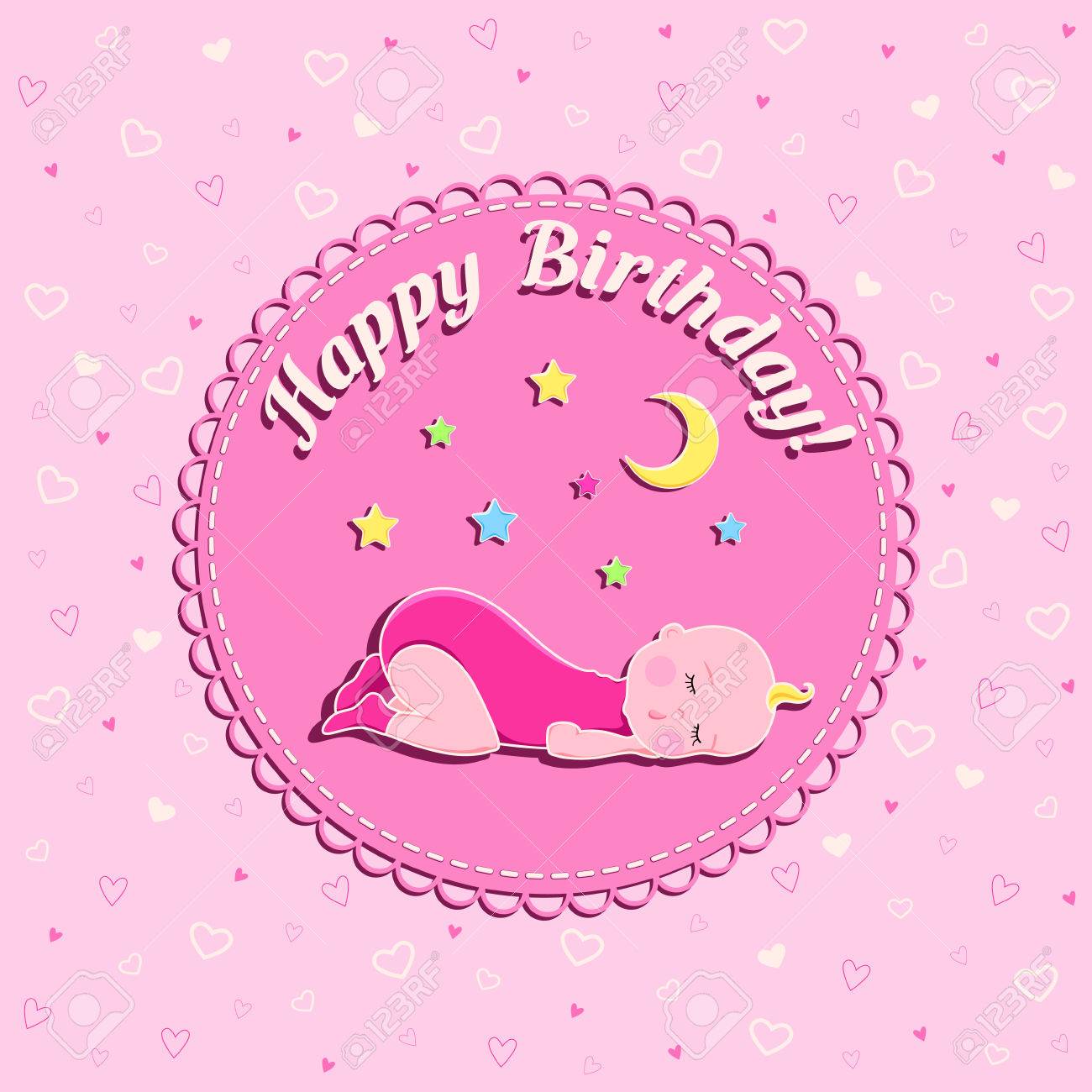 赤ちゃんと月と少女の心とピンクの背景の星を眠っていると面白い新生児誕生日ベクトル カードのイラスト素材 ベクタ Image