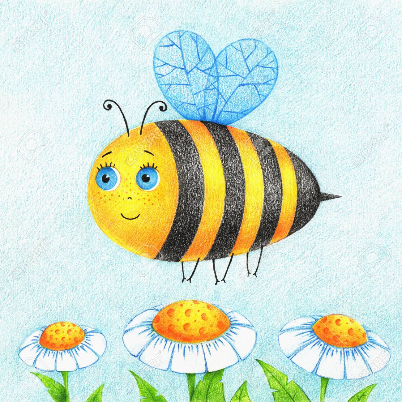 Hand Drawn Picture Of Cute Flying Bee And Flowers By The Color