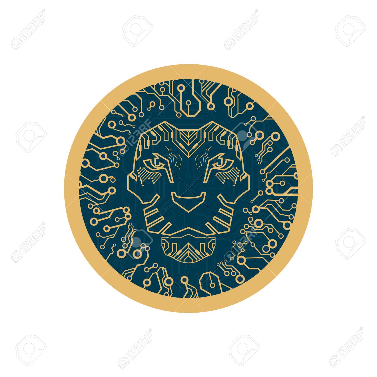 둥근 동전에 기하학적 사자 로고. 디지털 기술 스타일입니다. 암호화폐 및 비트코인 라이온 로고. 로열티 무료 사진, 그림, 이미지  그리고 스톡포토그래피. Image 123067908