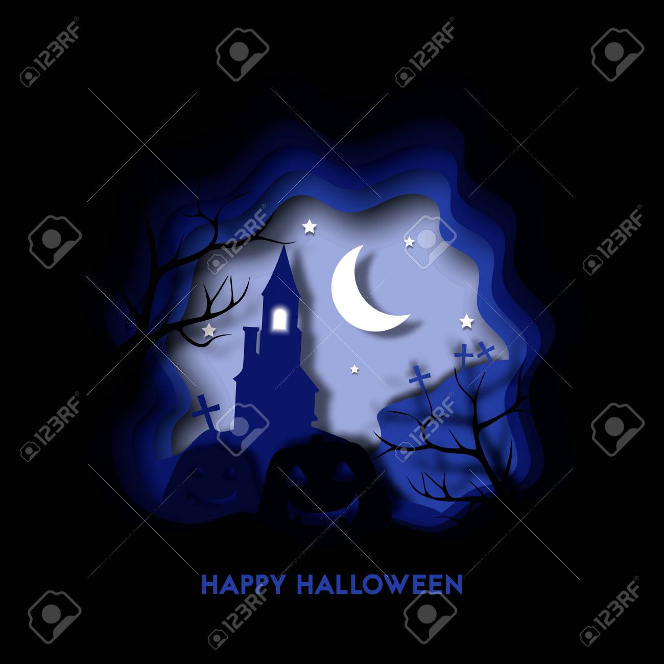 Download Happy Halloween 3d Layered Abstract Paper Cut Illlustration With Pumpkin House Cementry Vector Colorful Template In Carving Art Style Royalty Free Cliparts Vectors And Stock Illustration Image 88078556