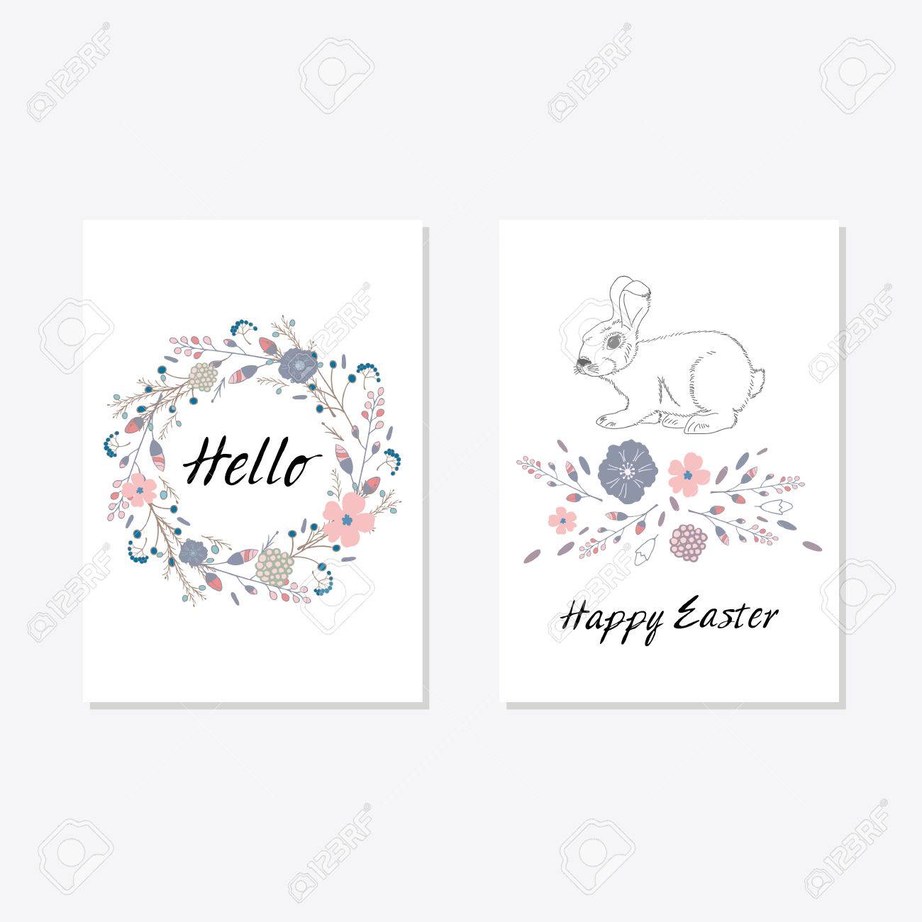 set of cards templates with cute flowers eggs bird and rabbit
