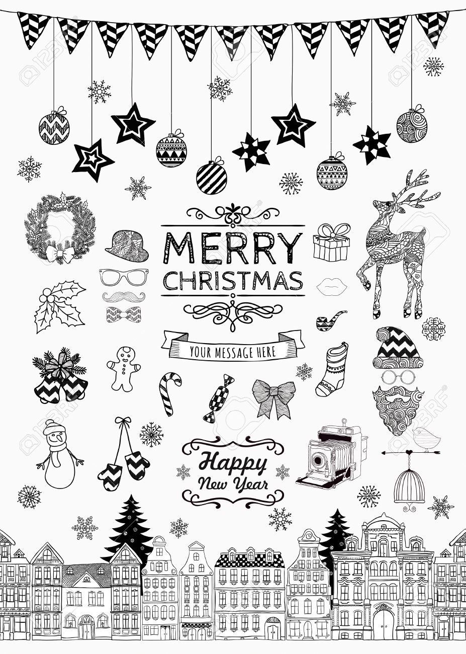 手描き黒と白のセットはクリスマス落書きアイコンについて説明します クリスマス ベクトル イラスト テキストのレタリング 漫画パーティー要素のイラスト素材 ベクタ Image