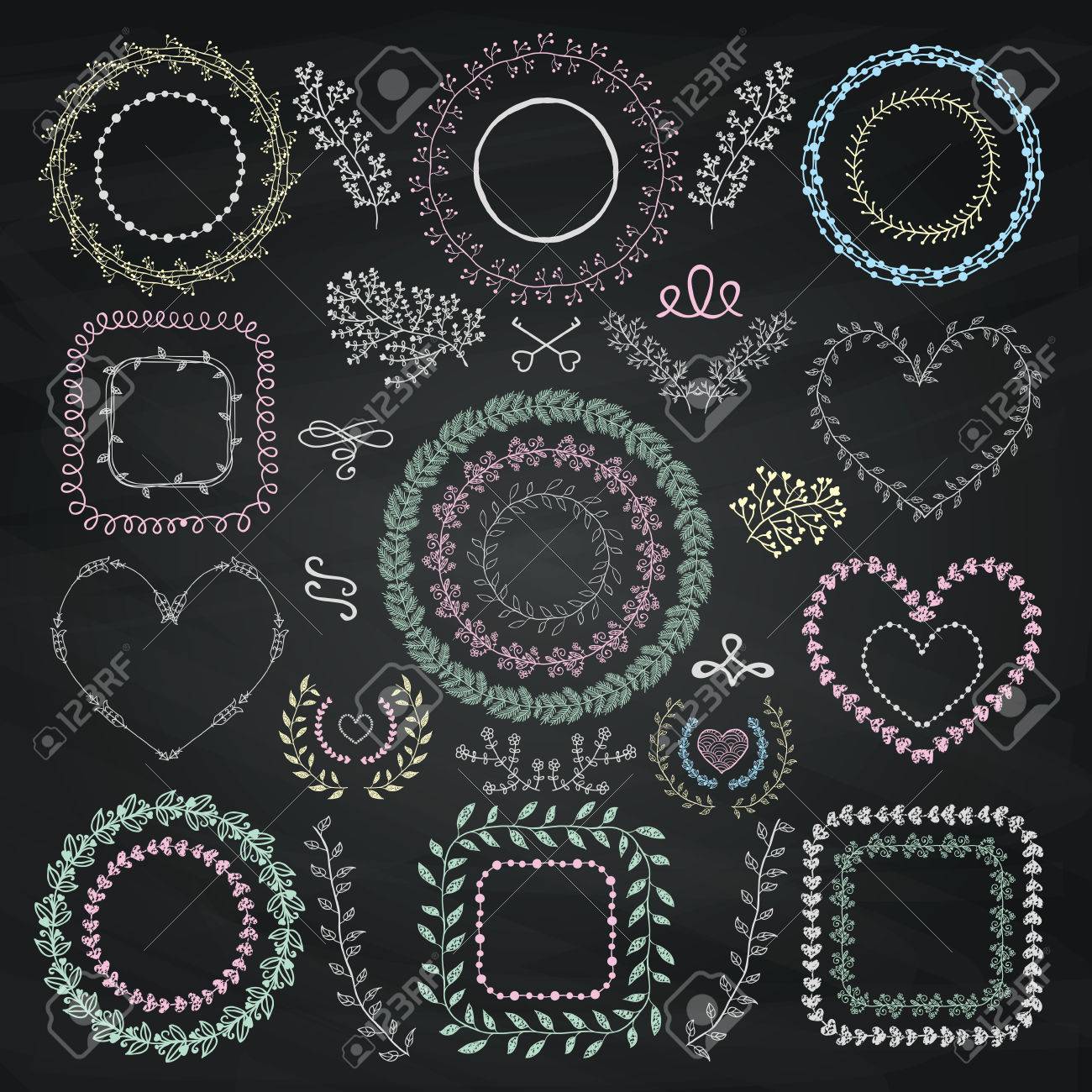 手描き落書きのフローラル飾り枠 フレーム 花輪 栄冠のカラフルなセットします 図面デザイン要素をチョークします 黒板背景 Texture Vintage ベクトル イラスト のイラスト素材 ベクタ Image