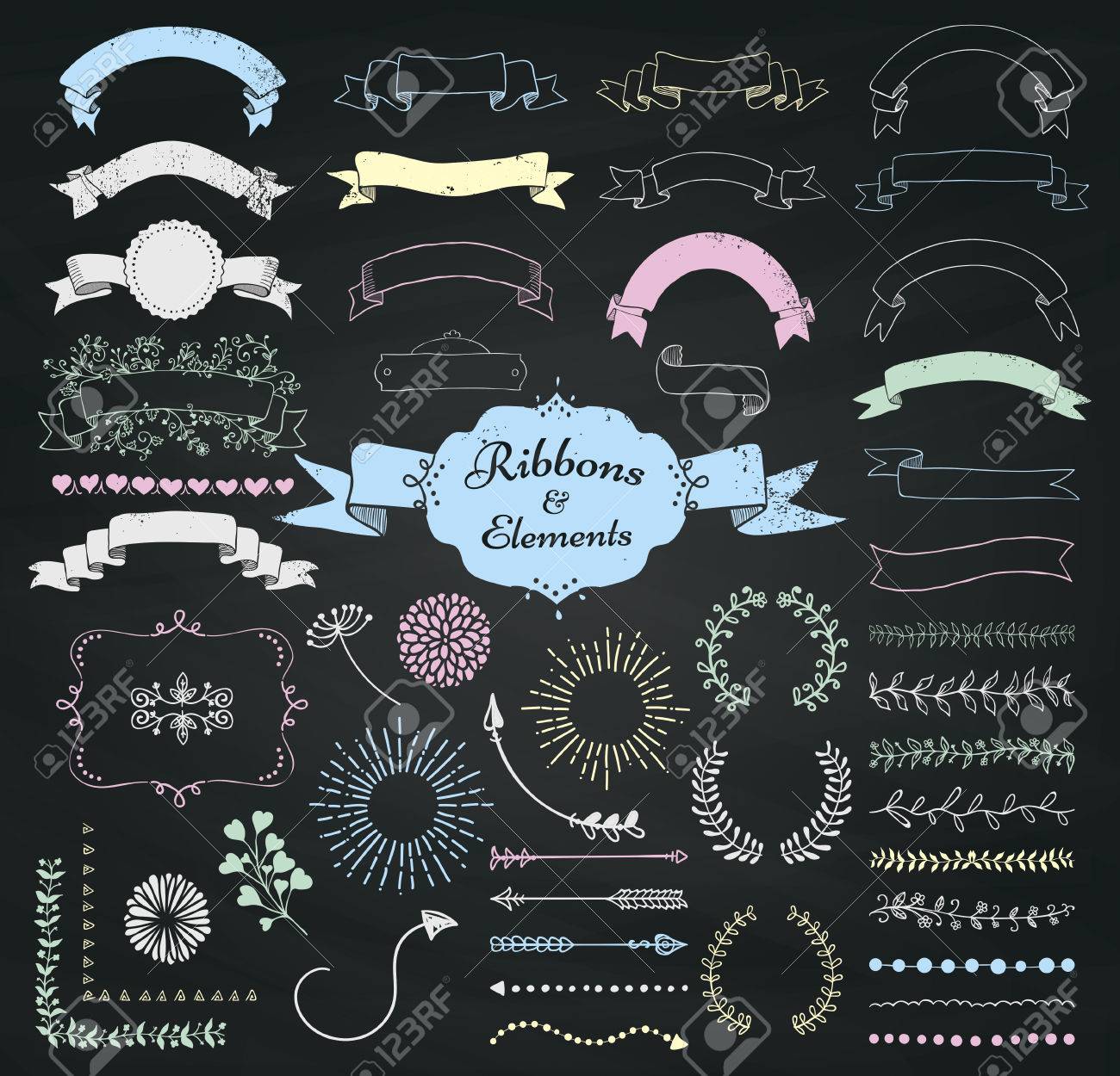 Set Of Chalk Drawing Doodle Sketched Rustic Decorative Wedding Design  Elements And Ribbons On Chalkboard Background. Grunge Textured Ribbons.  Vintage Vector Illustration. Royalty Free SVG, Cliparts, Vectors, and Stock  Illustration. Image 61621174., image size:1300x1250