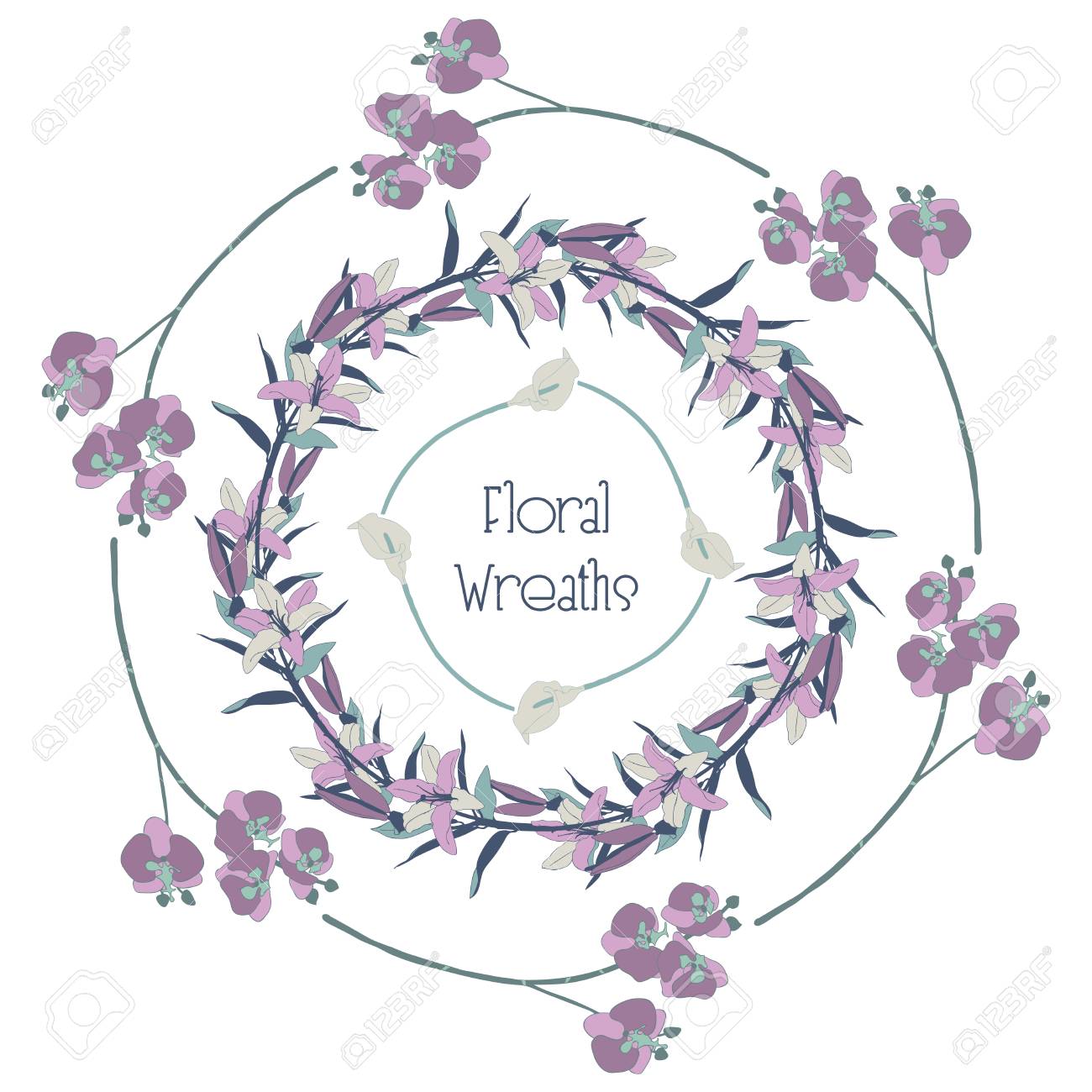 カラフルな手描き花の花輪 枝 ハーブ 植物や花と丸いフレーム 装飾的なアウトラインベクトルイラスト フラワーデザイン要素 蘭 リリー のイラスト素材 ベクタ Image