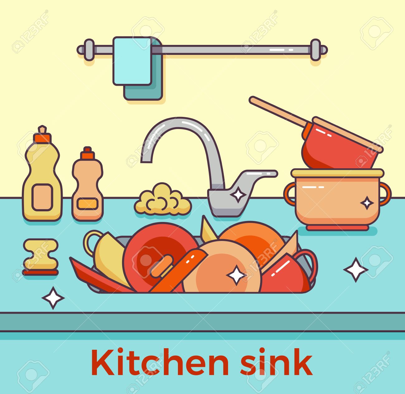 Kitchen Sink With Clean Dishes kitchen sink with kitchenware, dishes, utensil, towel, wash sponge Kitchen Sink With Clean Dishes kitchen sink with kitchenware, dishes, utensil, towel, wash sponge
