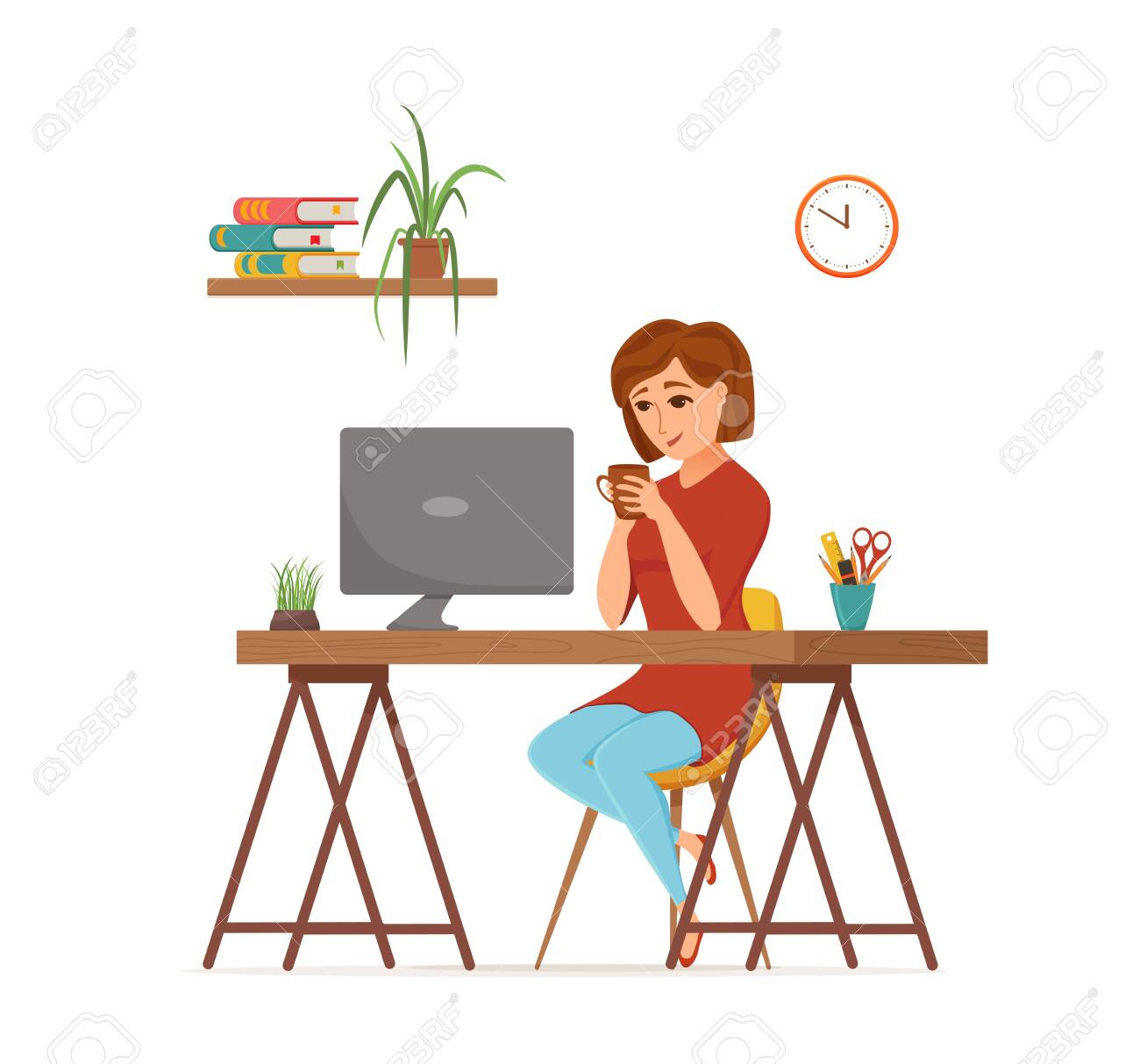 Woman Working On Computer Colorful Vector Concept. Cartoon Flat Style Illustration Of Office Clerk Happy Girl Sitting On Desk With Laptop. Female Character Of Freelancer, Secretary, Businesswoman Royalty Free SVG, Cliparts, Vectors, Woman Working On Computer Colorful Vector Concept. Cartoon Flat Style Illustration Of Office Clerk Happy Girl Sitting On Desk With Laptop. Female Character Of Freelancer, Secretary, Businesswoman Royalty Free SVG, Cliparts, Vectors,
