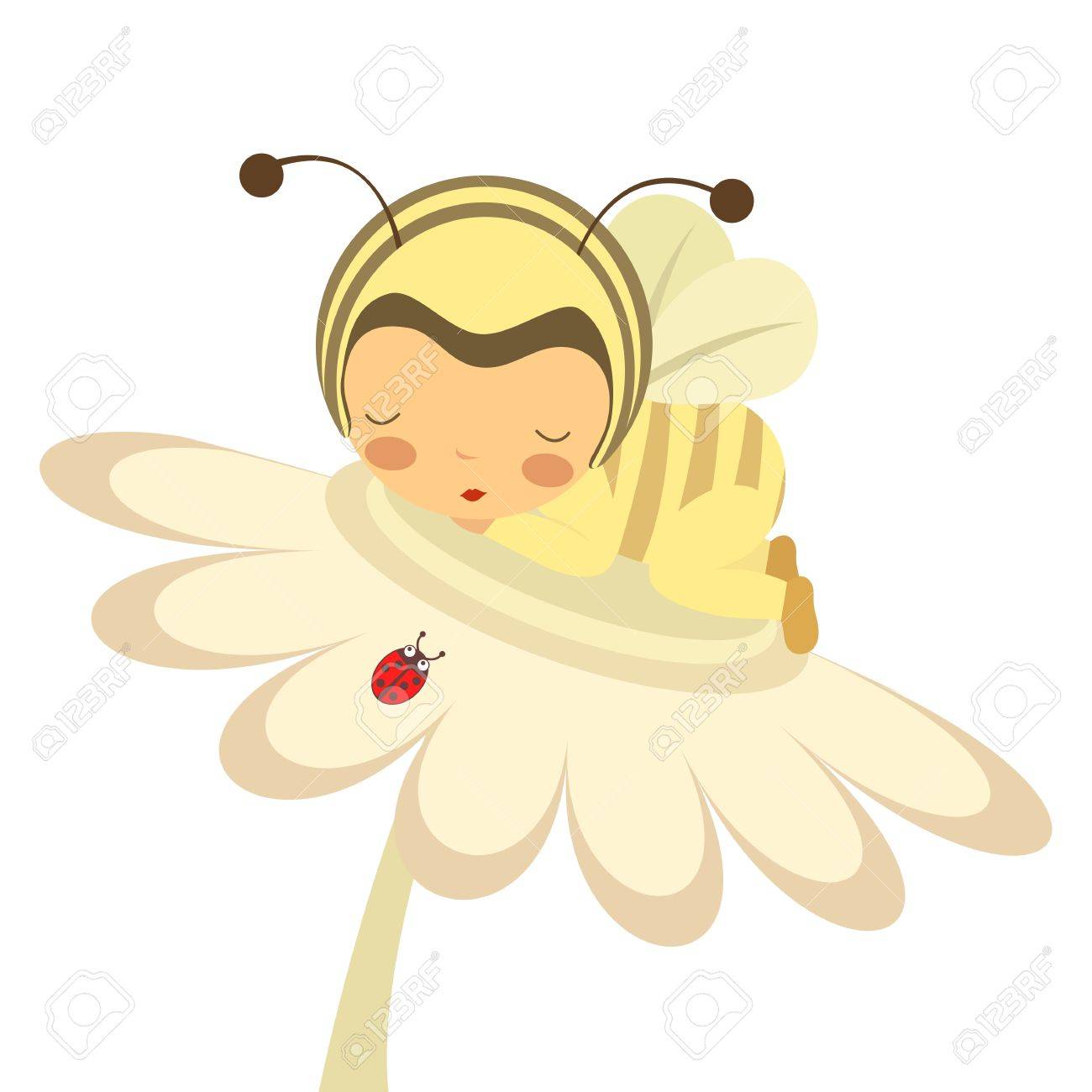 蜂衣装 花の上で眠っている赤ちゃんのイラスト のイラスト素材 ベクタ Image