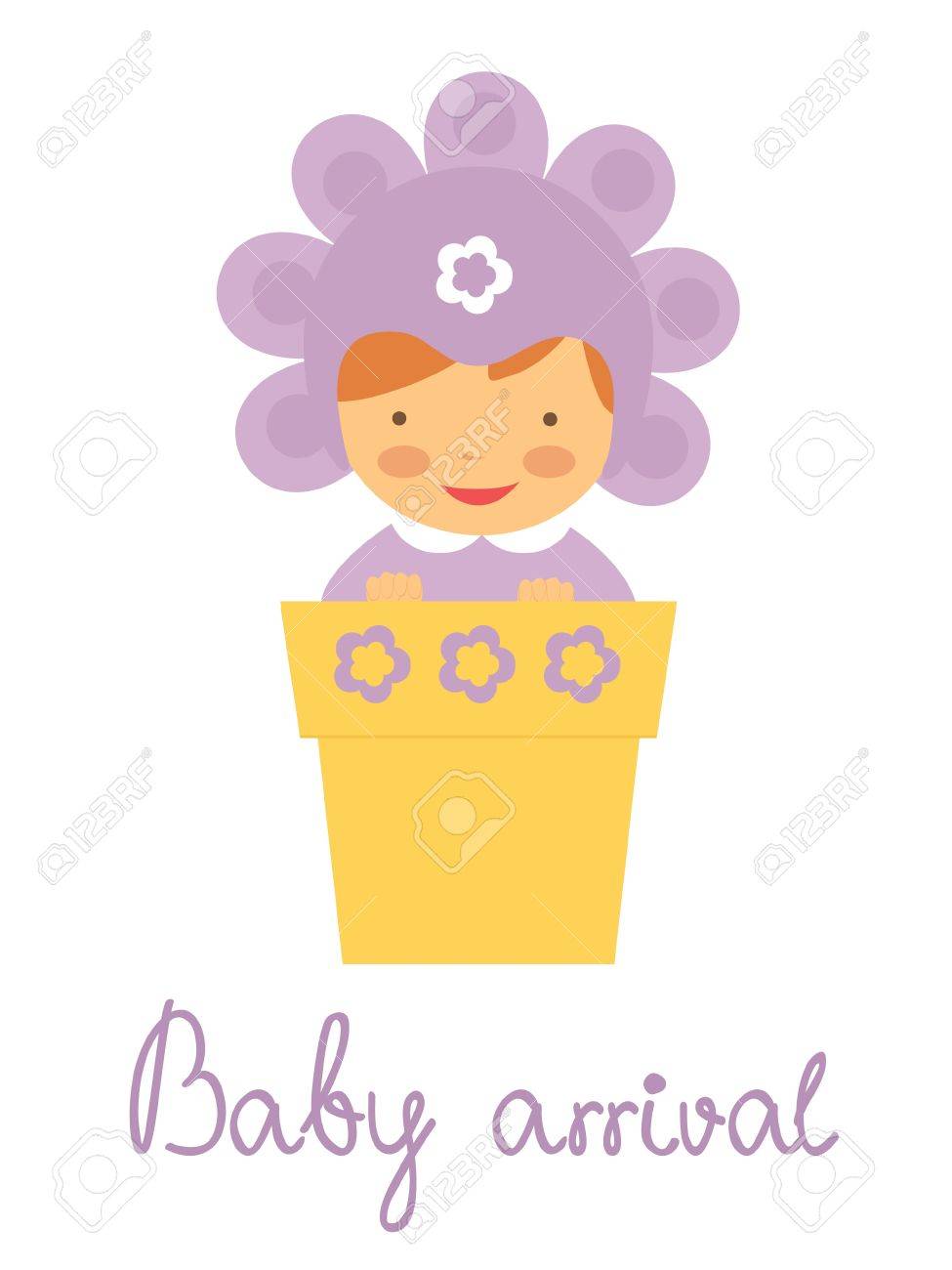 cute baby arrival announcement card with baby in flower pot royalty