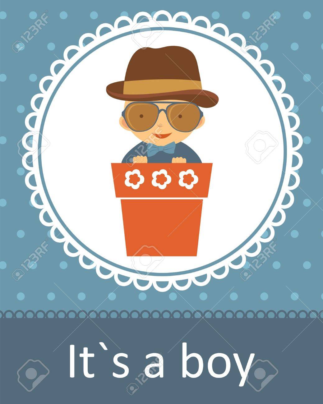 cute baby arrival announcement card with baby boy in flower pot