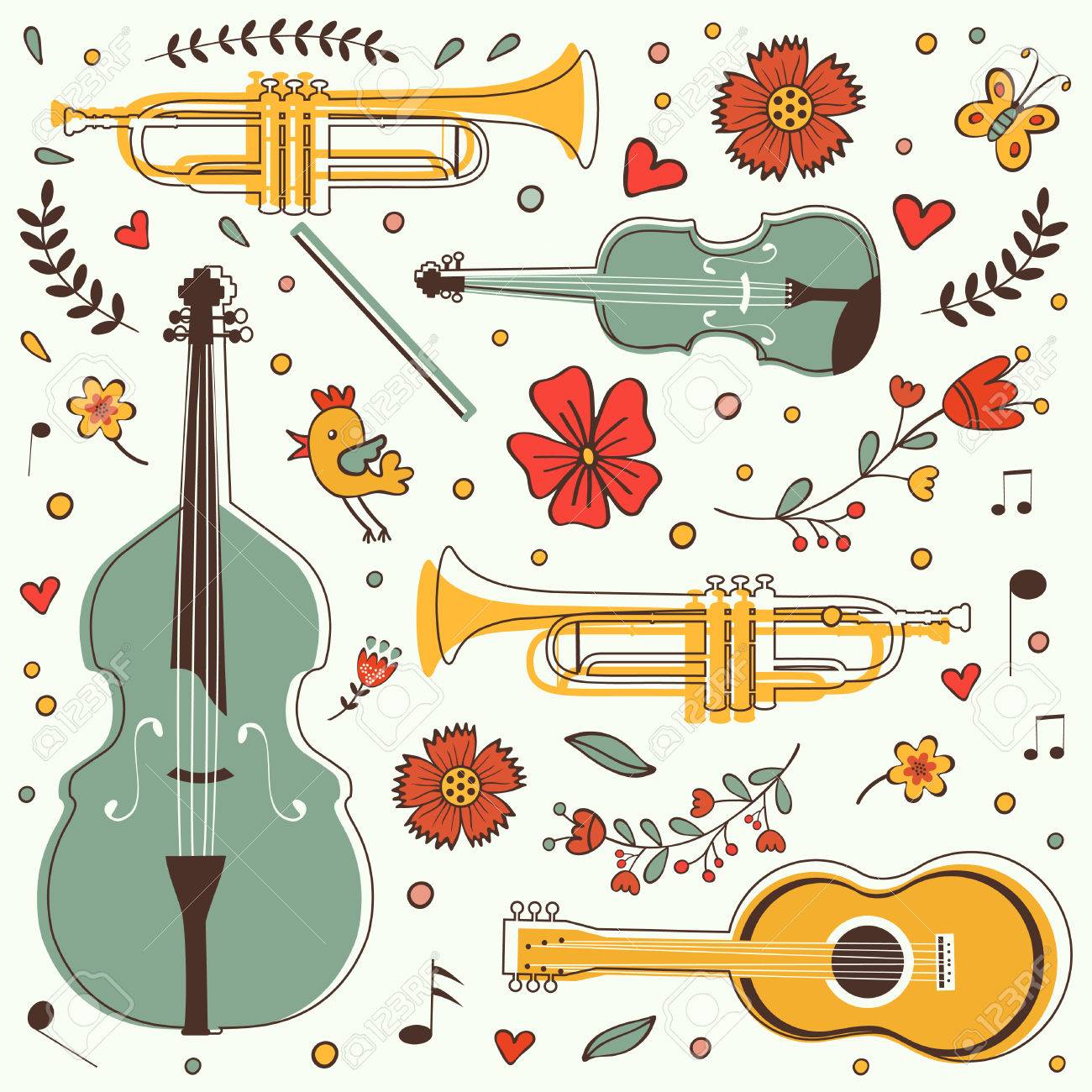 楽器の花や鳥とカラフルなコレクション ベクトル イラスト のイラスト素材 ベクタ Image
