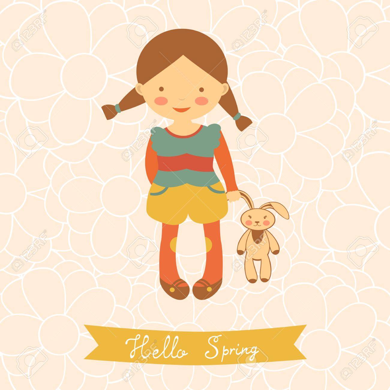 かわいい女の子と春カードこんにちは ベクトル図 のイラスト素材 ベクタ Image