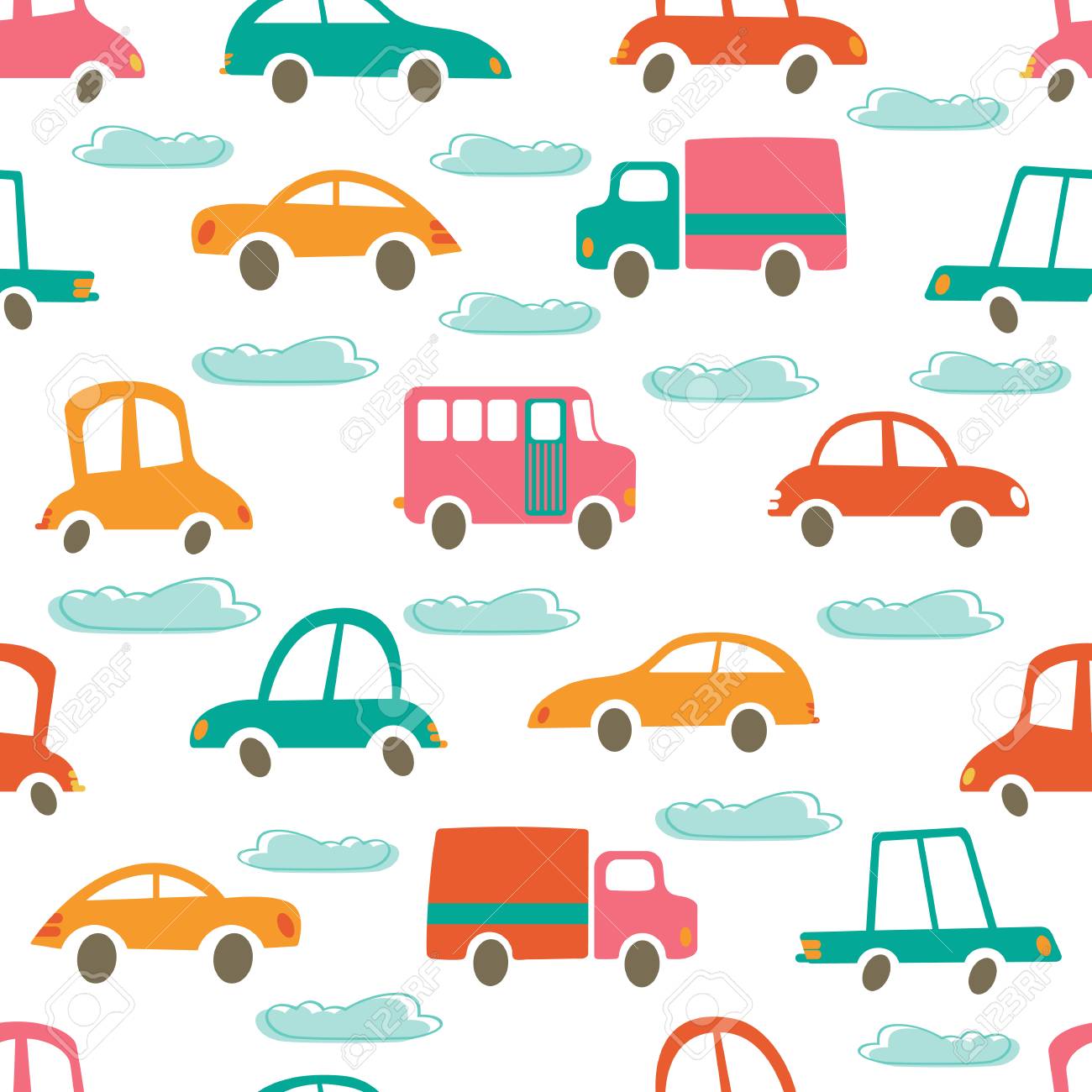 かわいい車と雲とカラフルなシームレスなパターン ベクトル イラスト のイラスト素材 ベクタ Image