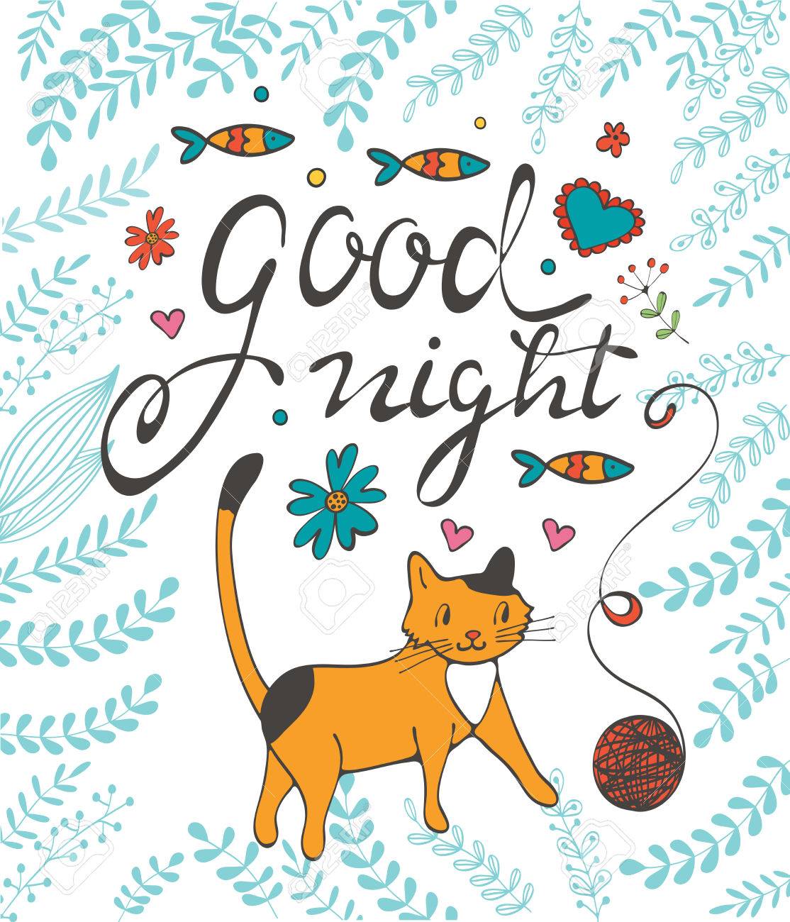 おやすみコンセプト カードかわいい猫花と小枝し イワシのイラスト素材 ベクタ Image