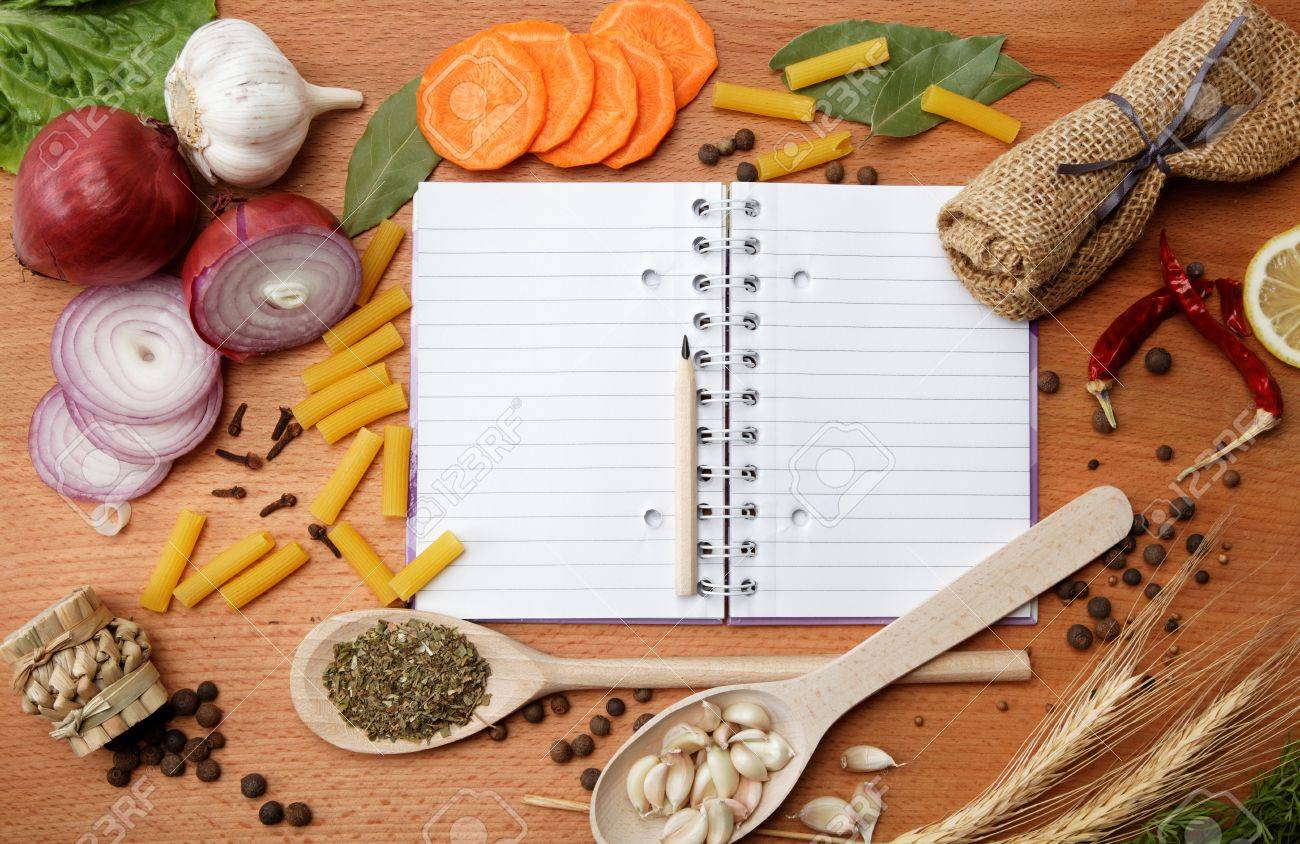 notebook for recipes and spices on wooden table - 15092411 notebook for recipes and spices on wooden table - 15092411