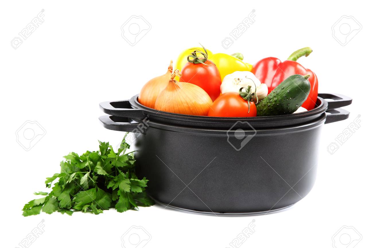 Healthy food. Fresh vegetables in black saucepan on a white background. - 20169763 Healthy food. Fresh vegetables in black saucepan on a white background. - 20169763