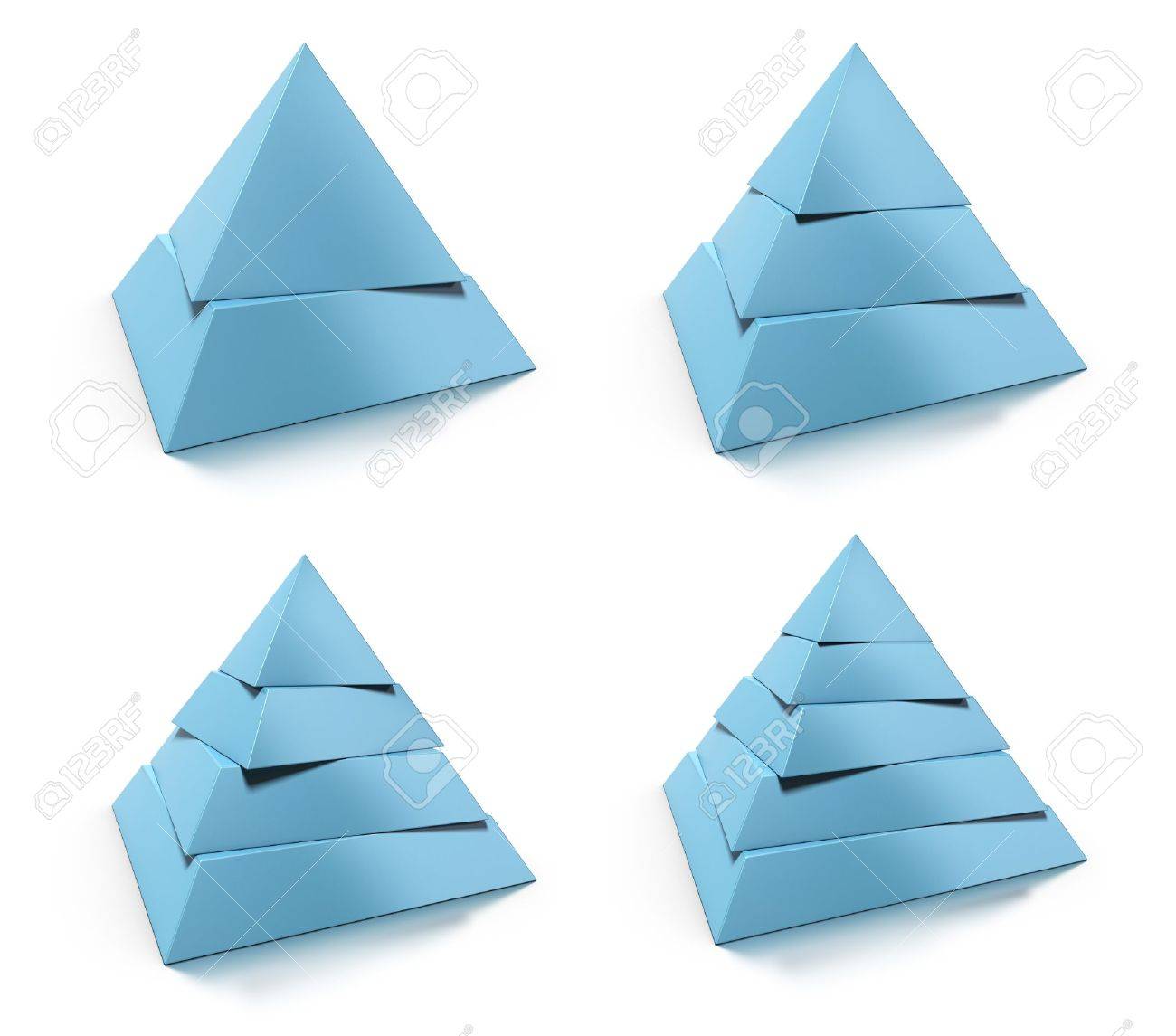 抽象的なピラミッドの 3 D 設定すると 2 つ 3 つ 4 つ 5 つのレベル 青いトーン ホワイト バック グラウンド 反射でデザイン要素を の写真素材 画像素材 Image