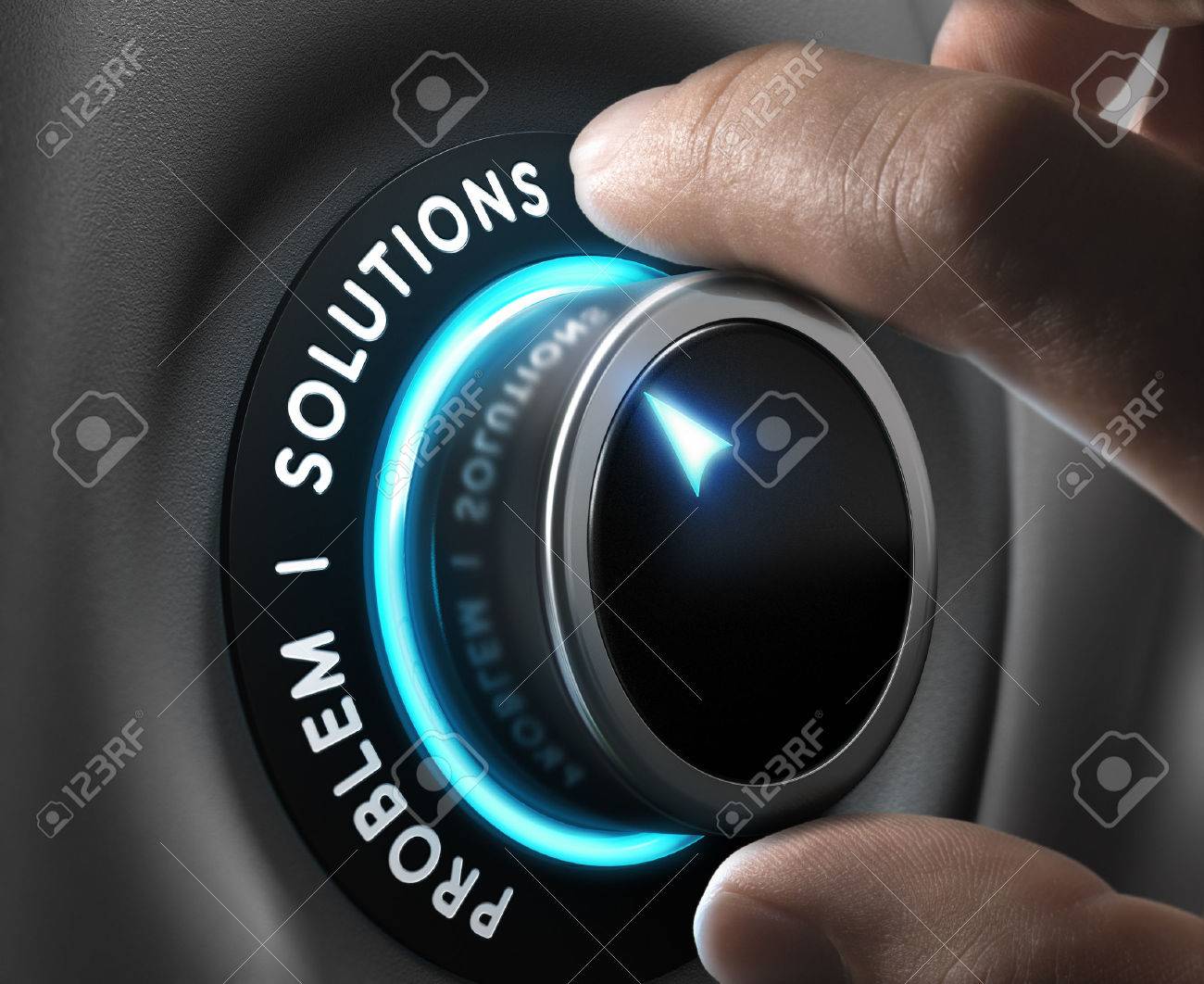 Solution switch positioned on the word solutions over grey background with blue lights. Concept of problem solving. - 41351863 Solution switch positioned on the word solutions over grey background with blue lights. Concept of problem solving. - 41351863
