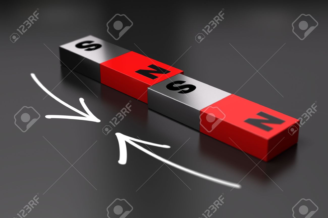 Opuestos De Un Imán Que Atrae A Sí Mismos. Dos Imanes Dipolos Atraídos Por Sus Opuestos Lados Norte Y Sur. Fondo Negro Fotos, Retratos, Imágenes Y Fotografía De Archivo Libres De