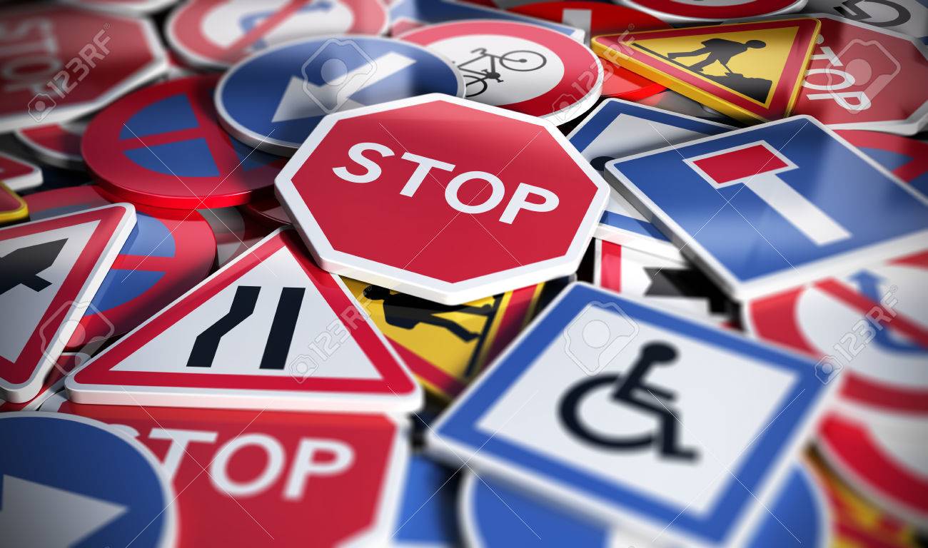 Perspetive view of numerous french traffic road signs. Concept image for background, 3D illustration - 60183315 Perspetive view of numerous french traffic road signs. Concept image for background, 3D illustration - 60183315