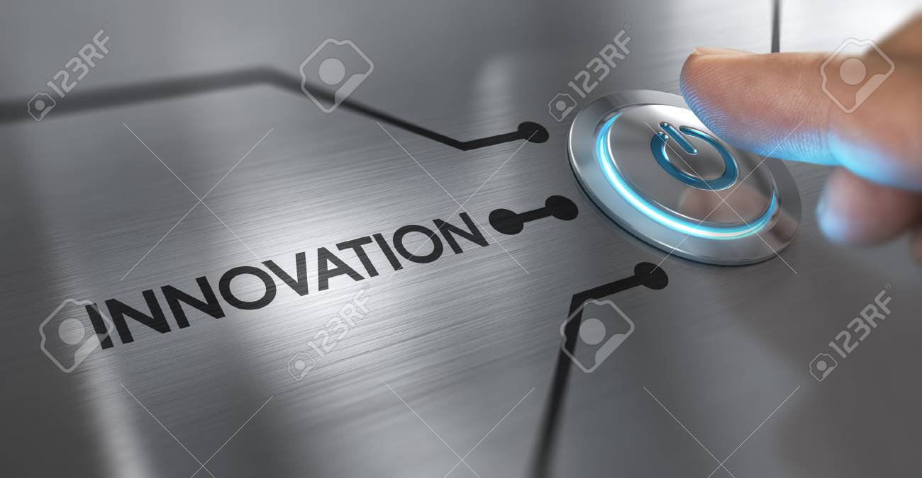Finger about to press a start button with the word innovation on the left. Composite between an image and a 3D background - 70095784 Finger about to press a start button with the word innovation on the left. Composite between an image and a 3D background - 70095784