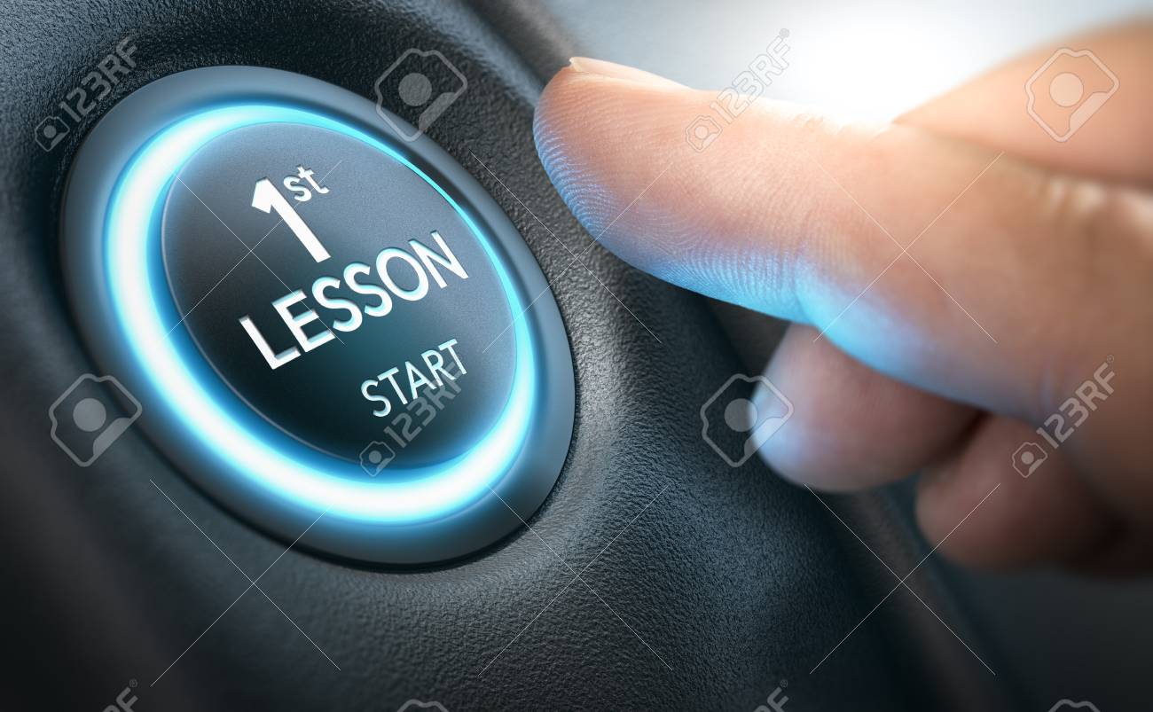 Beginner about to start a car by pressing a starter button where it is written first lesson. Composite image between a hand photography and a 3D background. - 86687188 Beginner about to start a car by pressing a starter button where it is written first lesson. Composite image between a hand photography and a 3D background. - 86687188