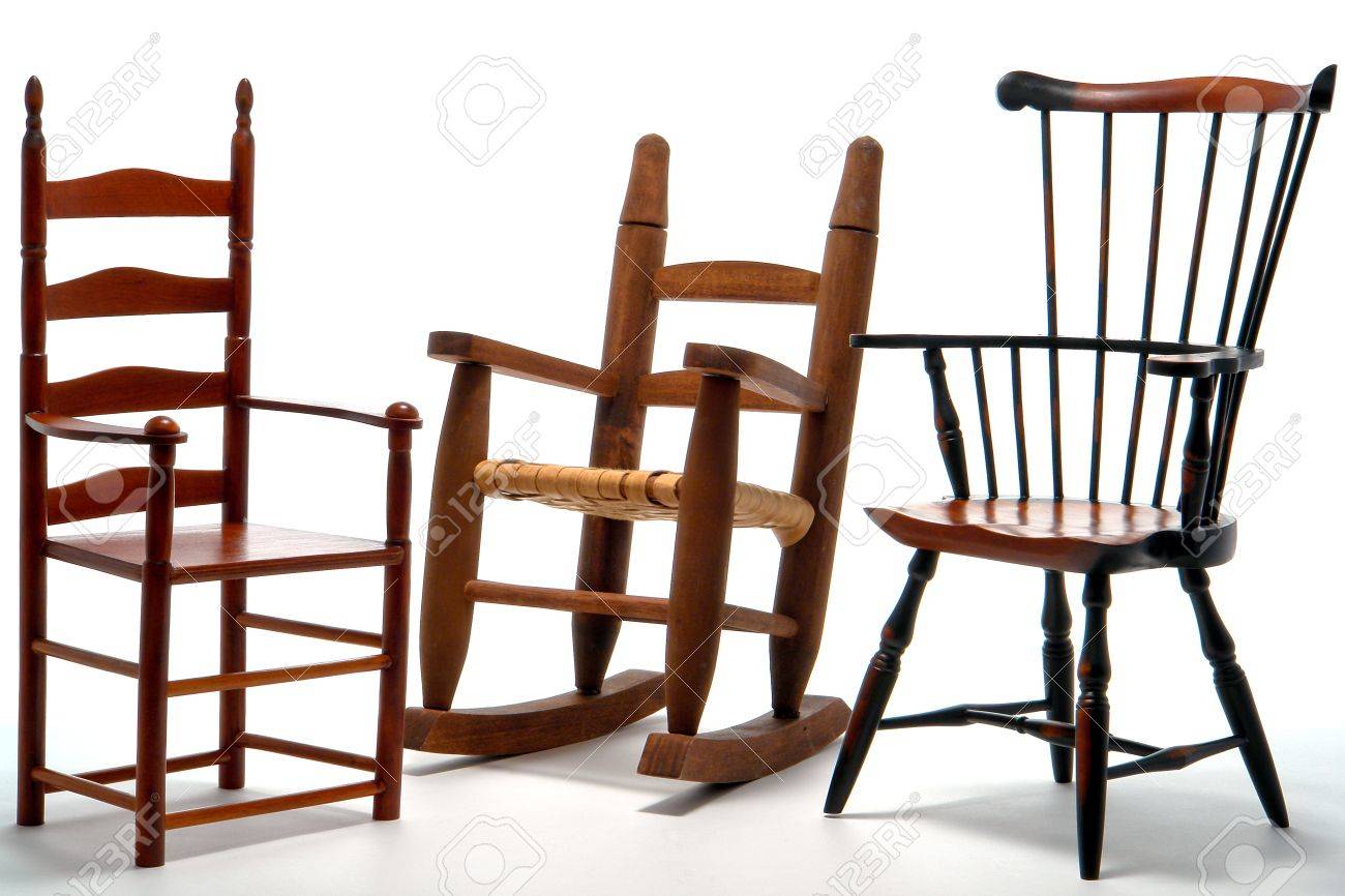 Antique Reproduction Scale Toy Collection Of Strait Back Armchair Antique reproduction scale toy collection of strait back armchair with rocking and Windsor chairs over white - Antique Reproduction Scale Toy Collection Of Strait Back Armchair