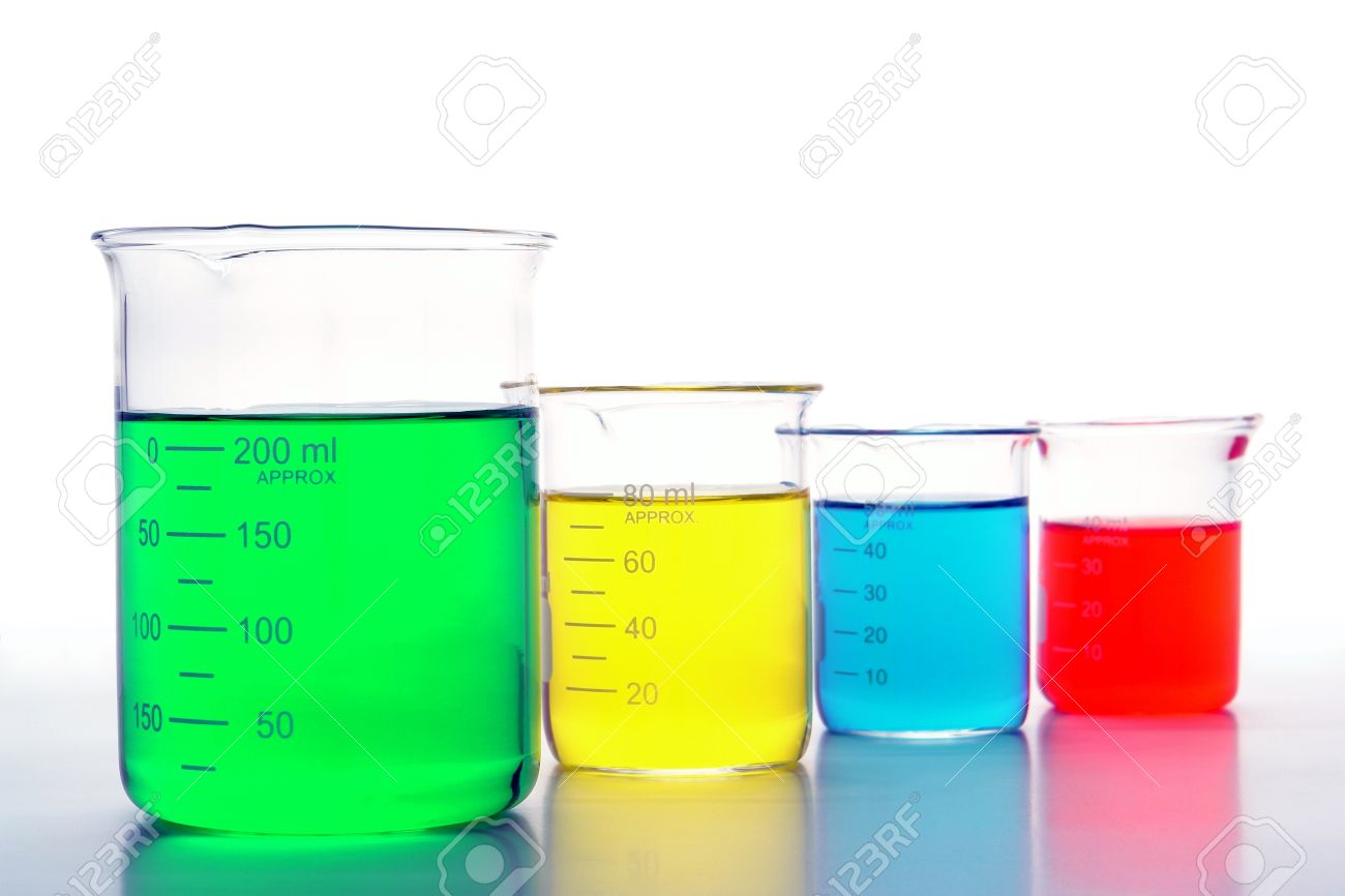 graduated scientific beakers filled with assorted colors liquids