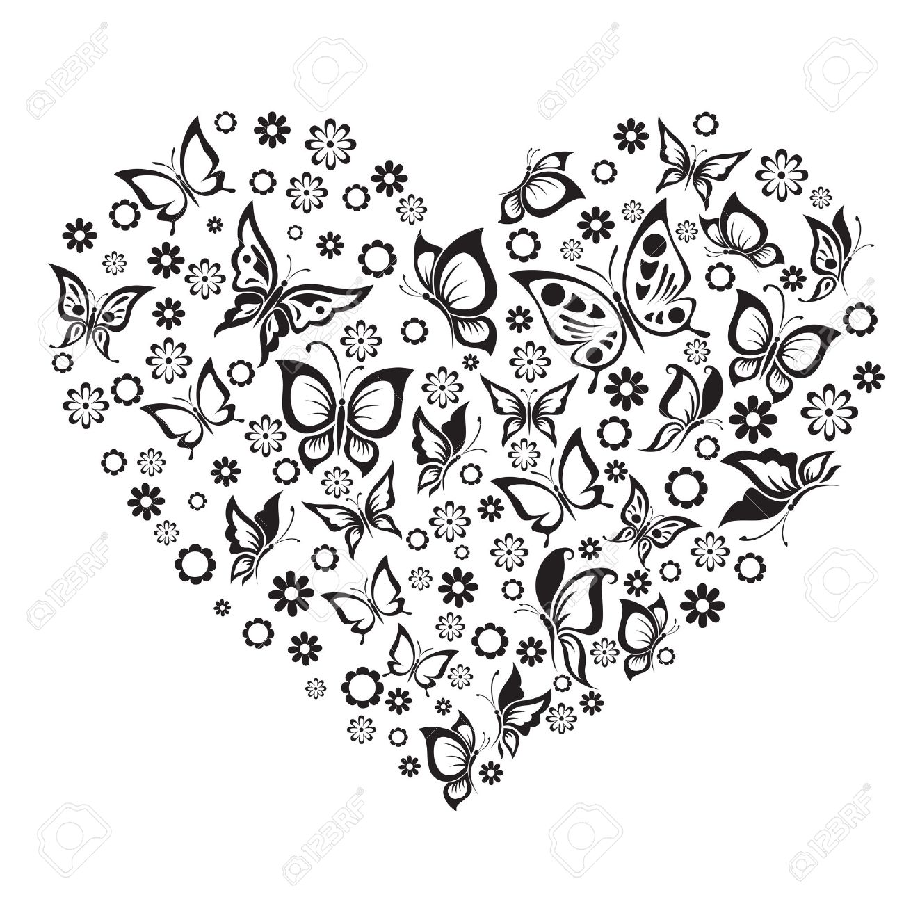 Vector Illustrations Black And White Butterfly And Flowers In