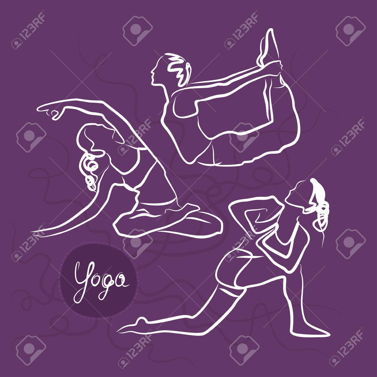 別の人気のあるヨガのポーズで女性のセットです スケッチ風のスタイル 明るい背景 手書き本文 ヨガ のイラスト素材 ベクタ Image