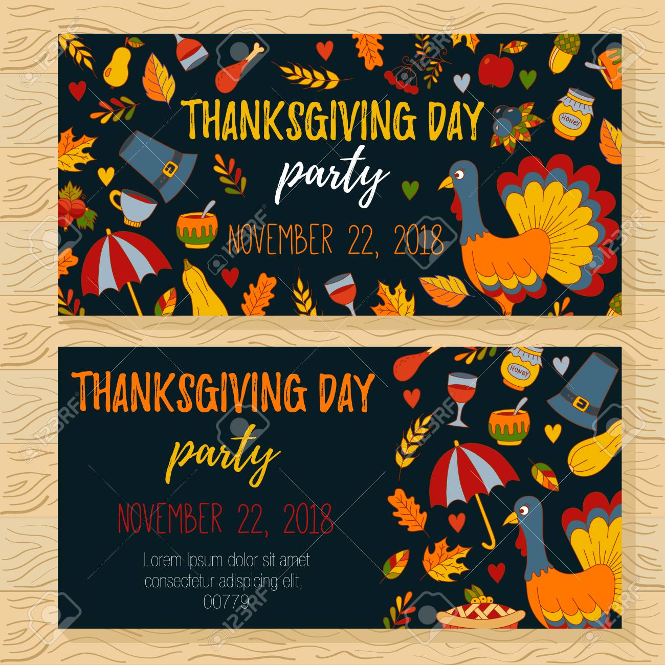 thanksgiving day party invitations with doodle icons royalty free thanksgiving party invitations