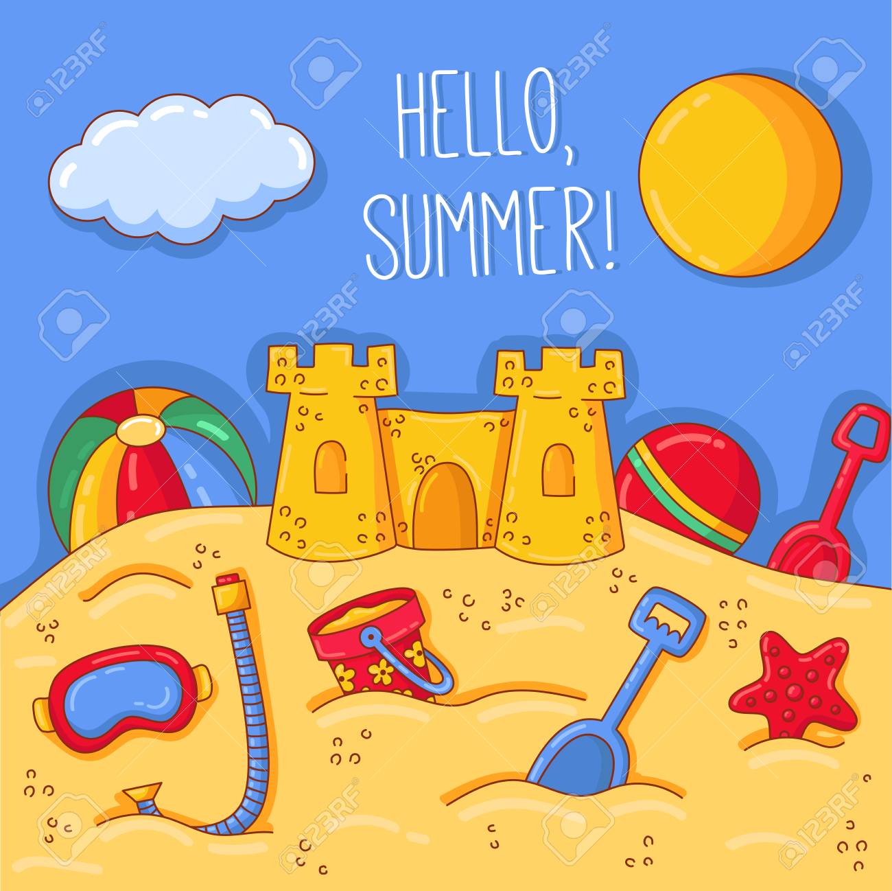 ビーチ上の砂の城カラフルなかわいい夏のベクターイラスト のイラスト素材 ベクタ Image