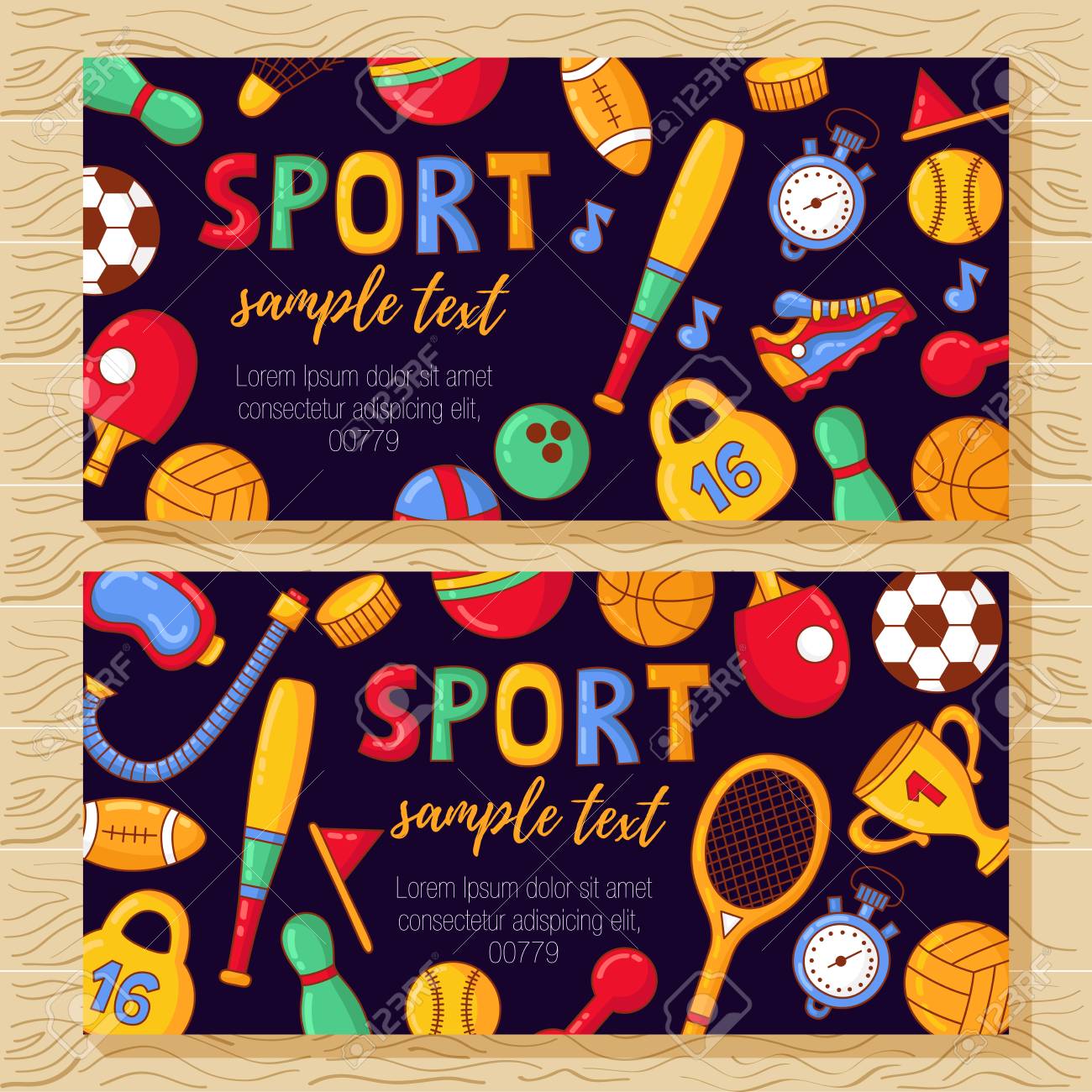 sport banners colorful cute templates with fitness doodle icons
