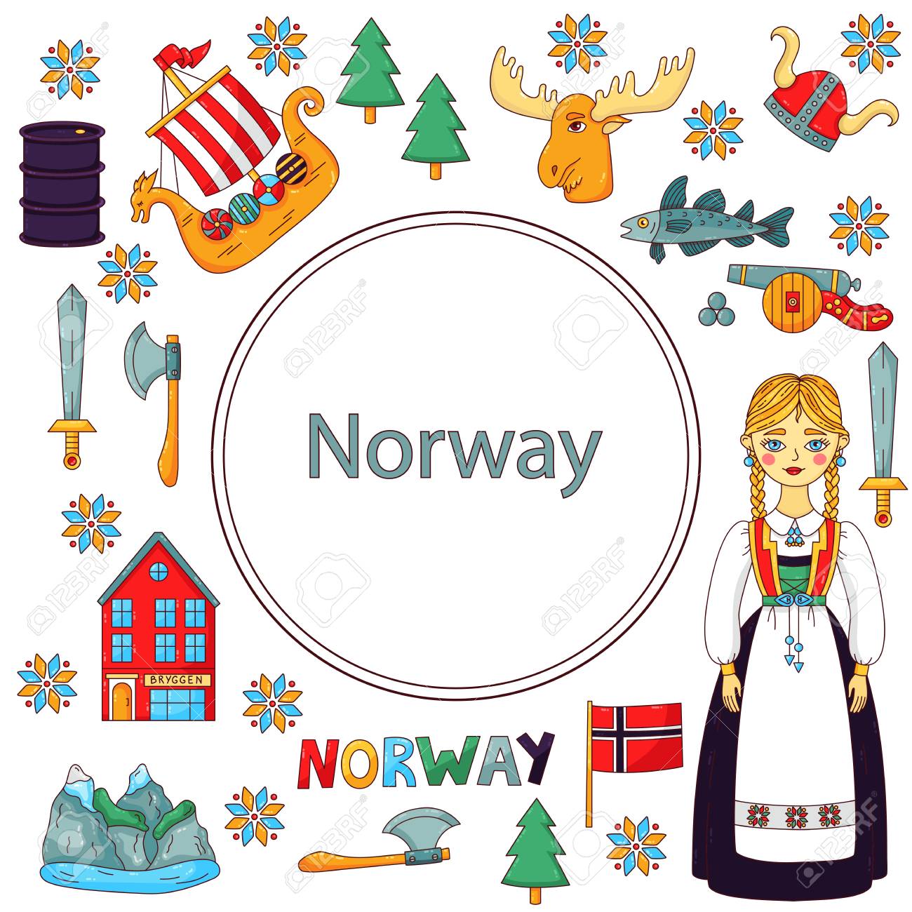 Norway Norwegian Scandinavian Colorful Doodle Icons Set Frame Design  Royalty Free SVG, Cliparts, Vectors, and Stock Illustration. Image  121594754., image size:1300x1300