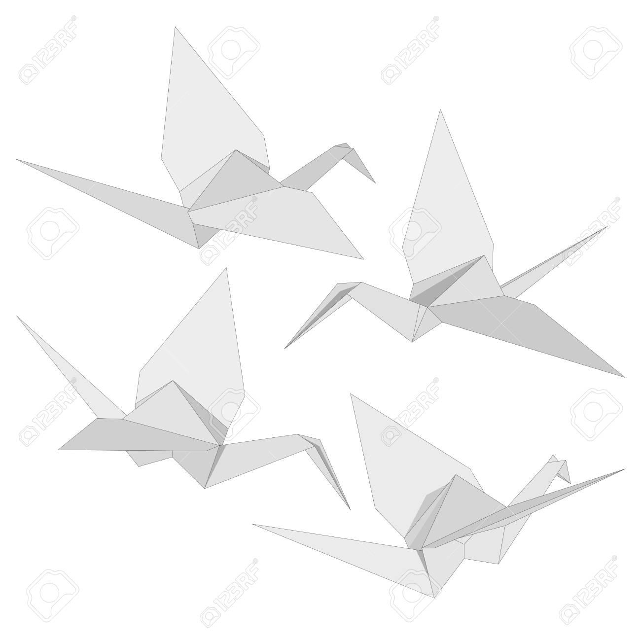 白色背景に折り紙スタイルで白紙から折り畳まれた日本の鶴の孤立フィギュアのセット 希望のシンボル 様々な見解のイラスト素材 ベクタ Image 96952434