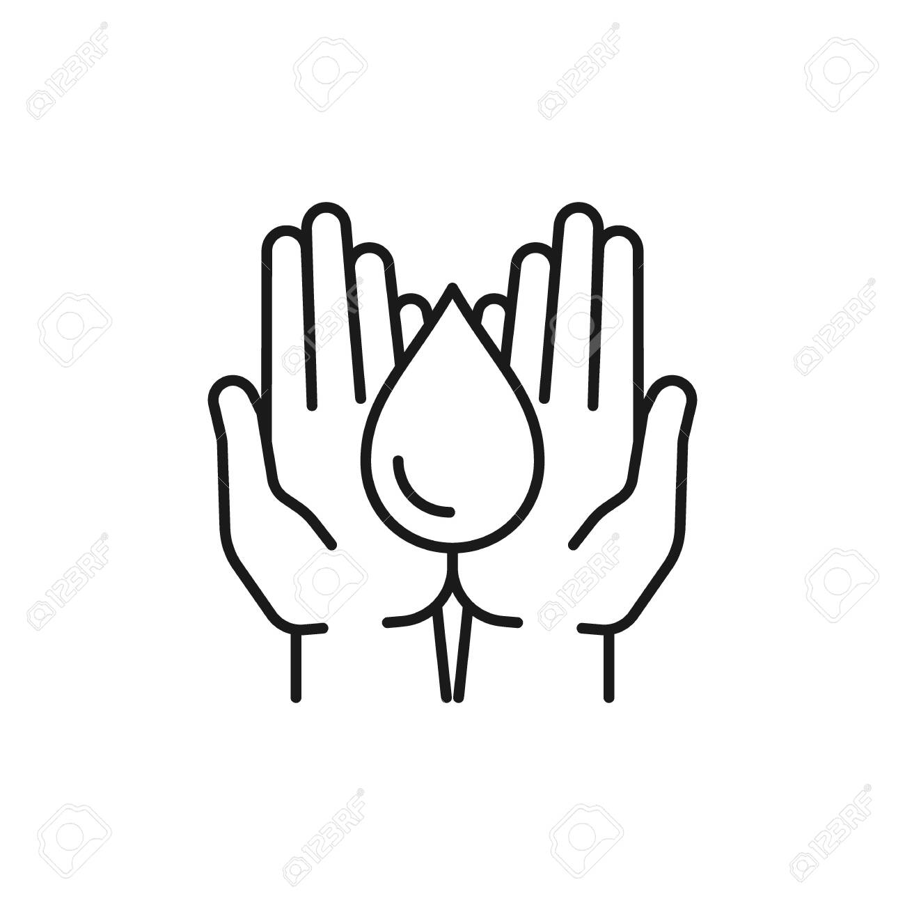 Black Isolated Outline Icon Of Water Drop In Two Hands On White