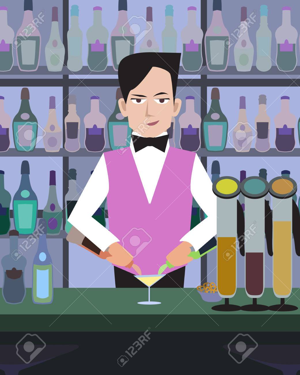 バーテンダー バー 漫画のカラフルなイラストではドリンクを提供していますのイラスト素材 ベクタ Image