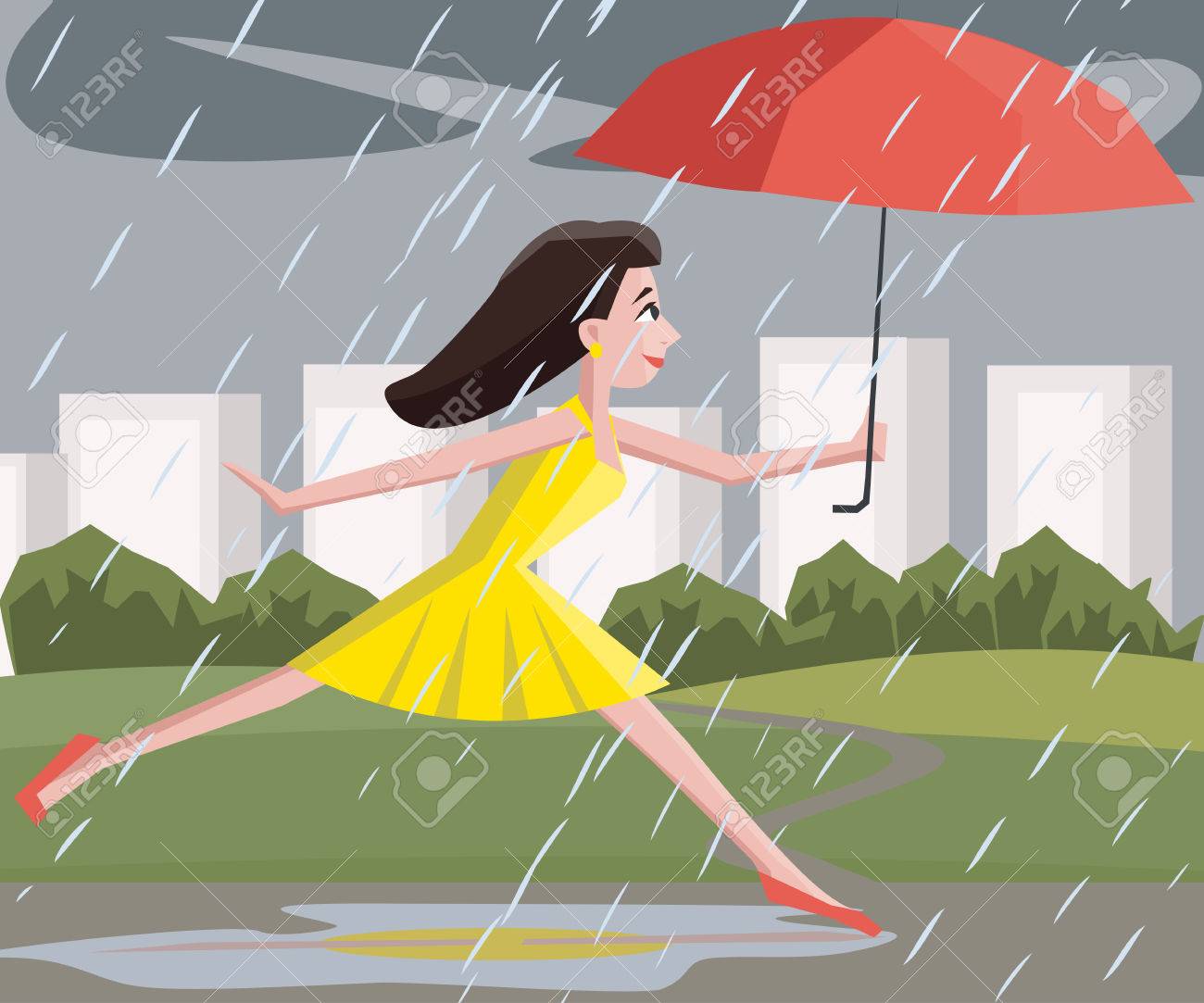 Woman Walking At Summer Rain Colorful Cute Cartoon Illustration