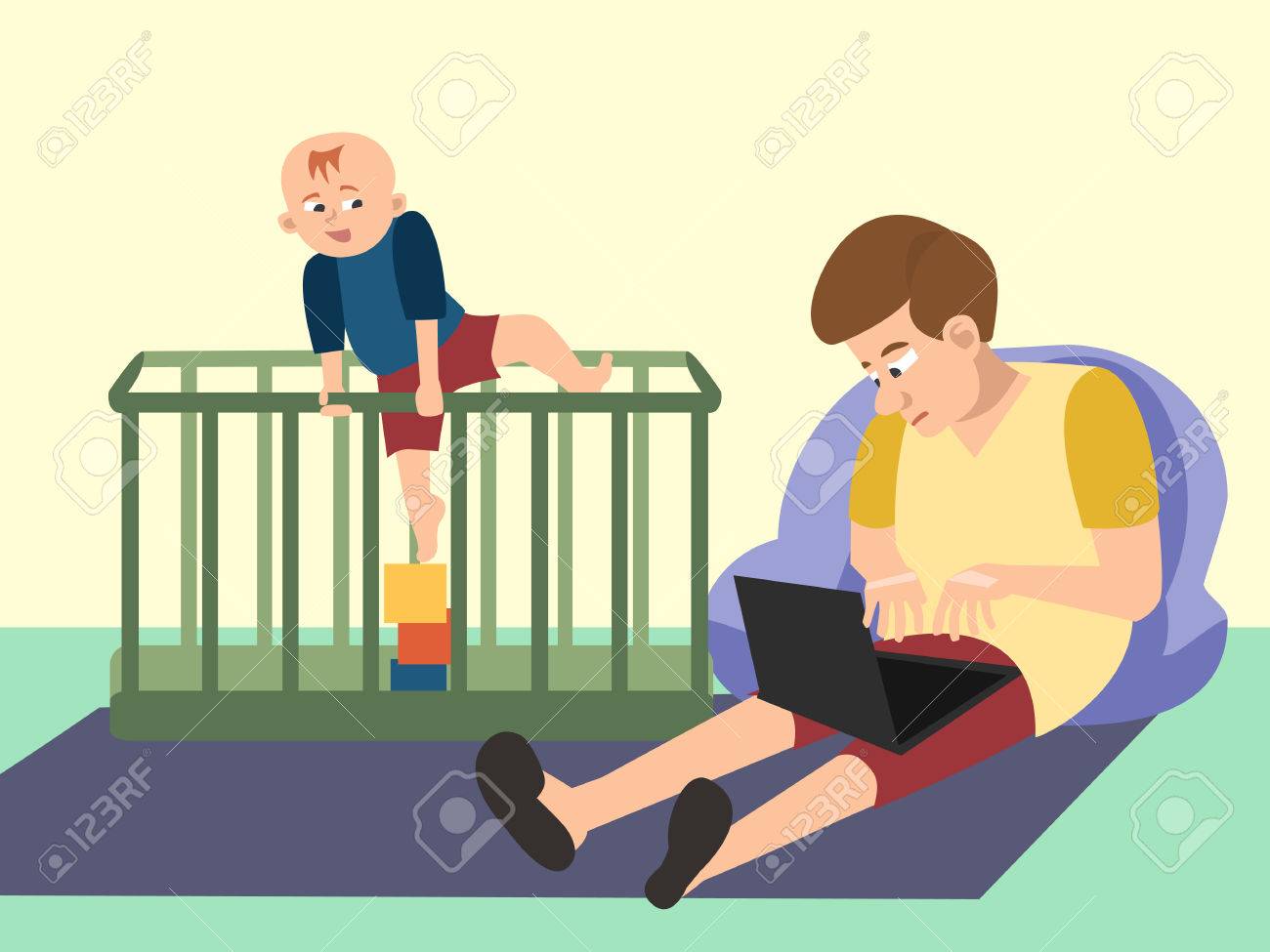 dad babysitting with toddler funny cartoon royalty free cliparts babysitting funny
