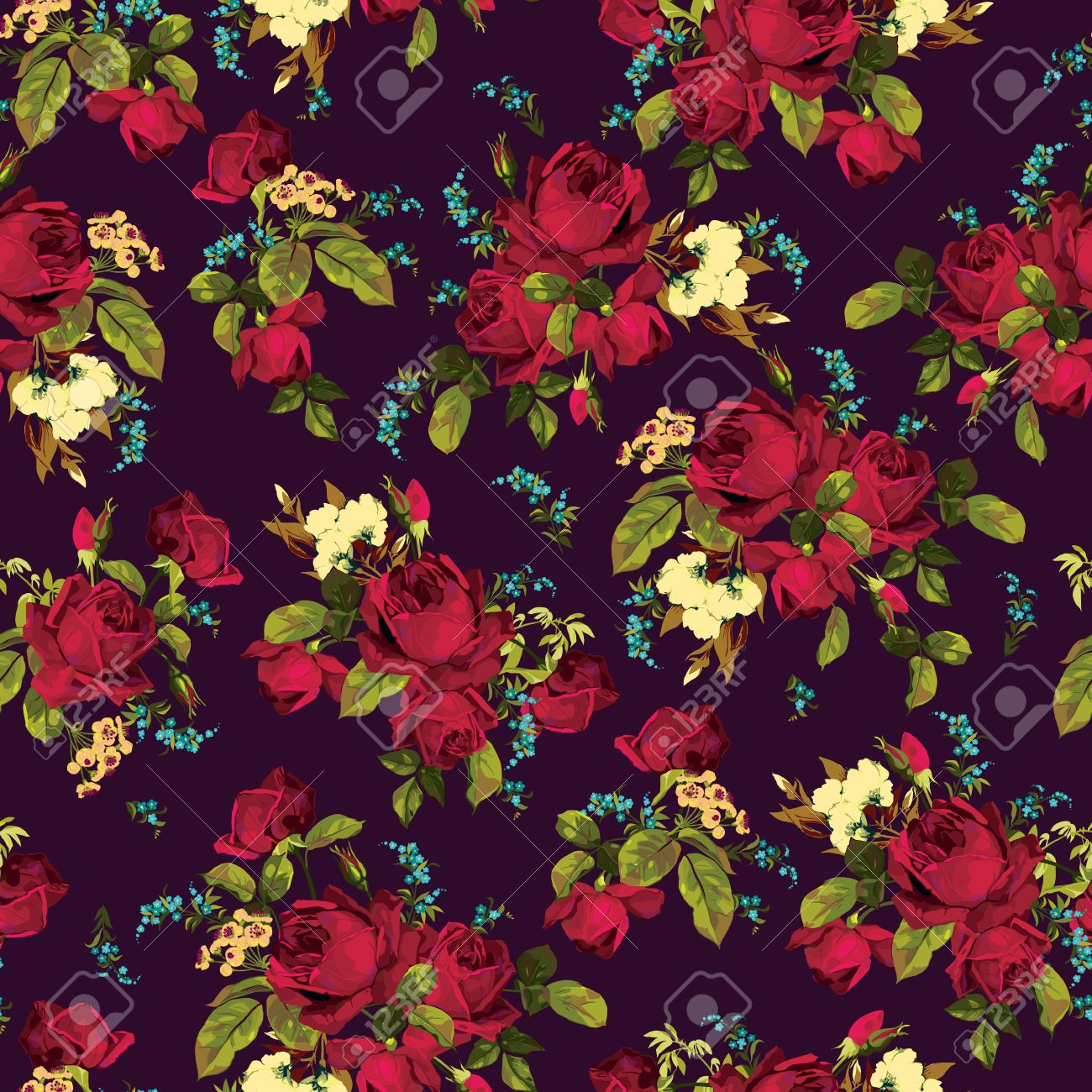 暗い背景 水彩ベクトル イラストに赤いバラとシームレスな花柄 のイラスト素材 ベクタ Image