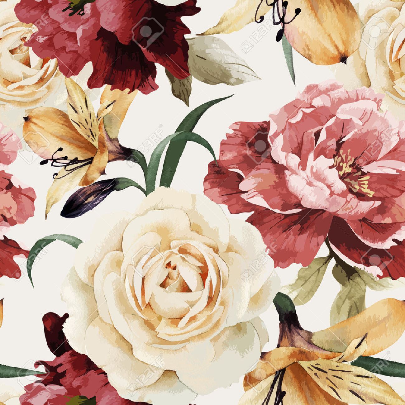 Seamless floral pattern with roses, watercolor. Vector illustration. - 42138591 Seamless floral pattern with roses, watercolor. Vector illustration. - 42138591