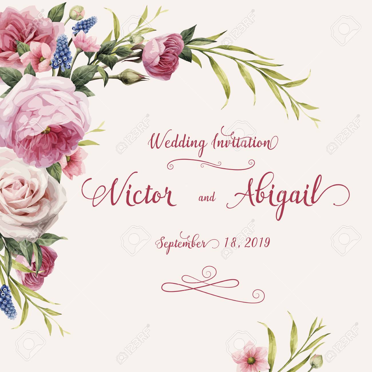 Greeting card with roses, watercolor, can be used as invitation card for wedding, birthday and other holiday and summer background. Vector illustration. - 96182659 Greeting card with roses, watercolor, can be used as invitation card for wedding, birthday and other holiday and summer background. Vector illustration. - 96182659