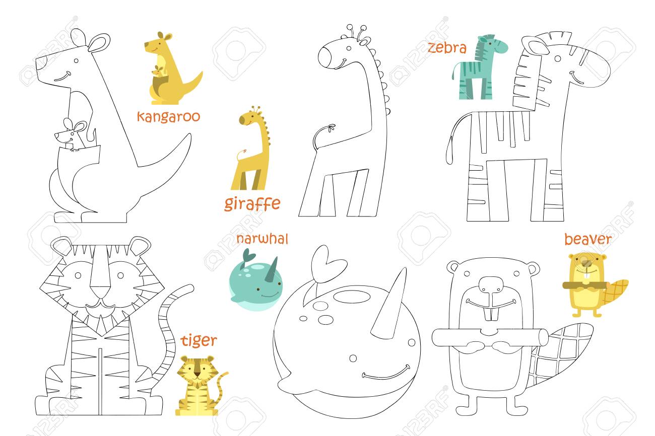 Kids Coloring Page Coloring Book With Animal Doodle Vector