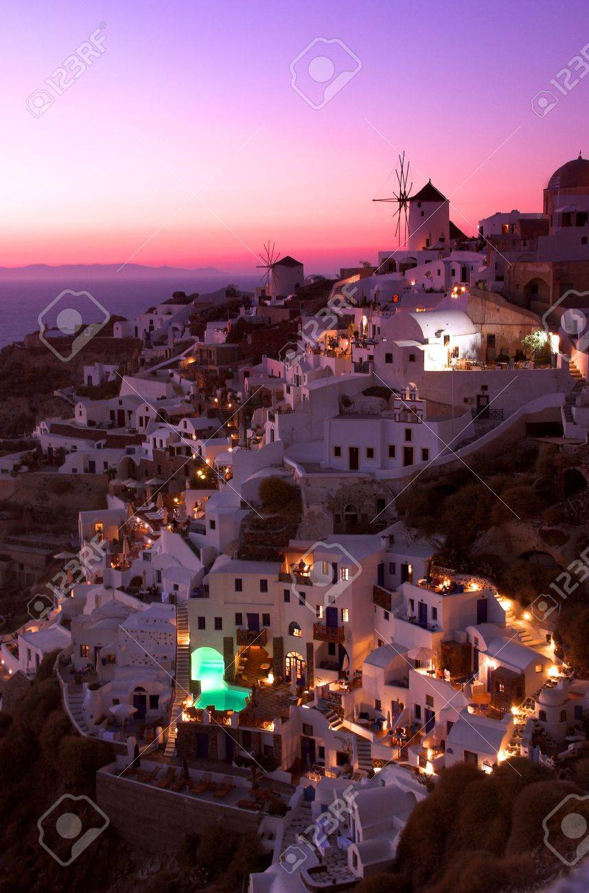 Coucher De Soleil Au Monde Célèbre Point De Vue De Oia Santorini Grèce