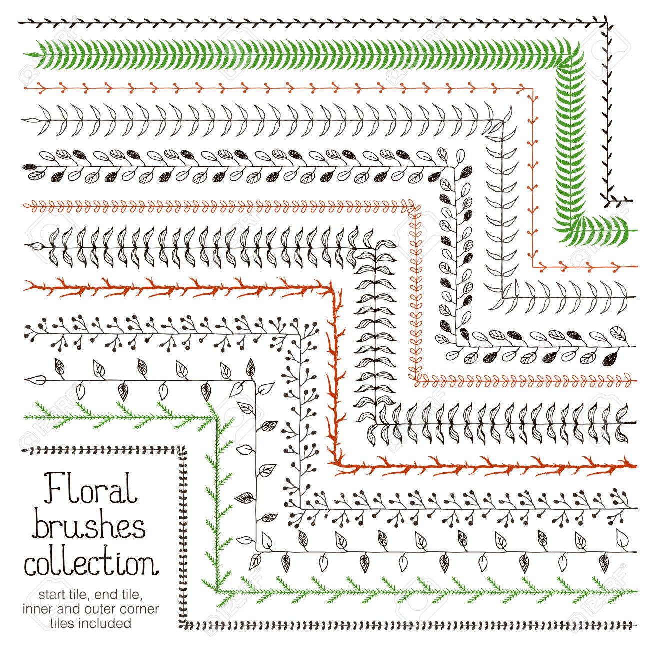 イラストレーターの花ブラシ 結婚式招待状 グリーティング カード はがきのデザインの描かれたベクター ブラシを手します 区分線 花輪の境界線 外側と内側の角を持つヴィンテージ装飾用ブラシ のイラスト素材 ベクタ Image