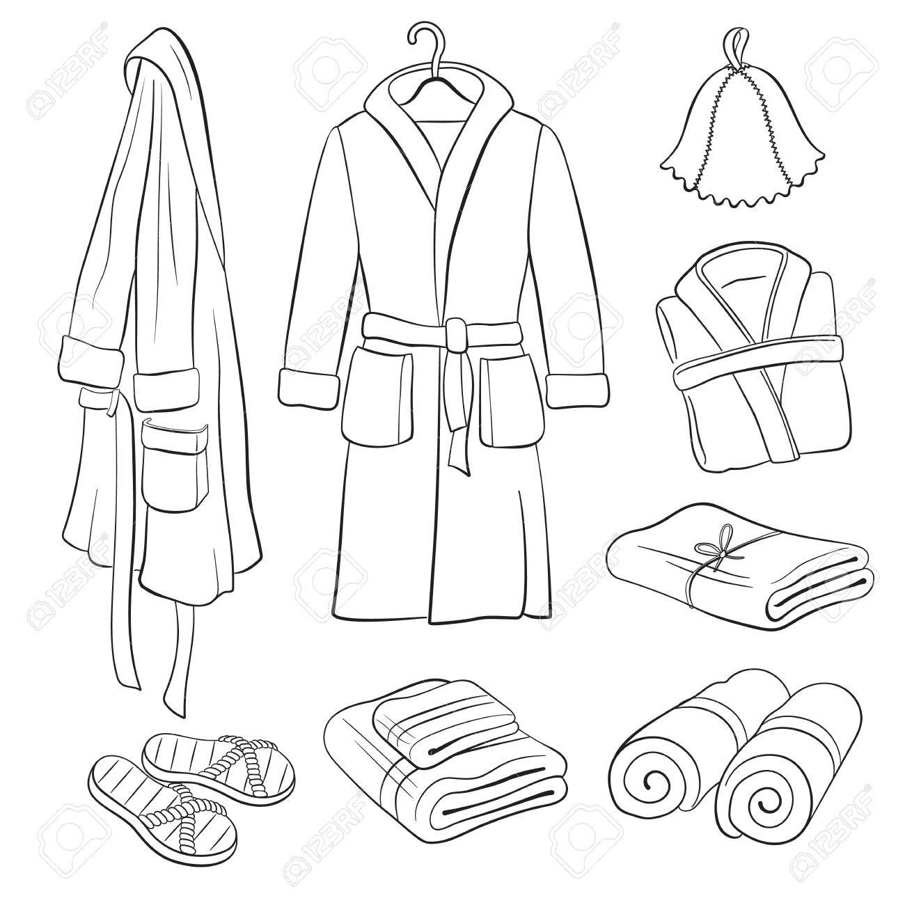 archivio fotografico accessori sauna schizzo disegno a mano accappatoi termali e raccolta asciugamani oggetti da bagno isolato su sfondo bianco