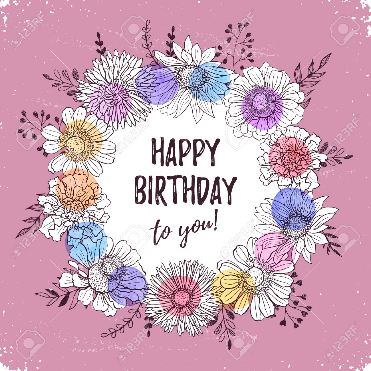 happy birthday retro poster greeting card with flowers hand