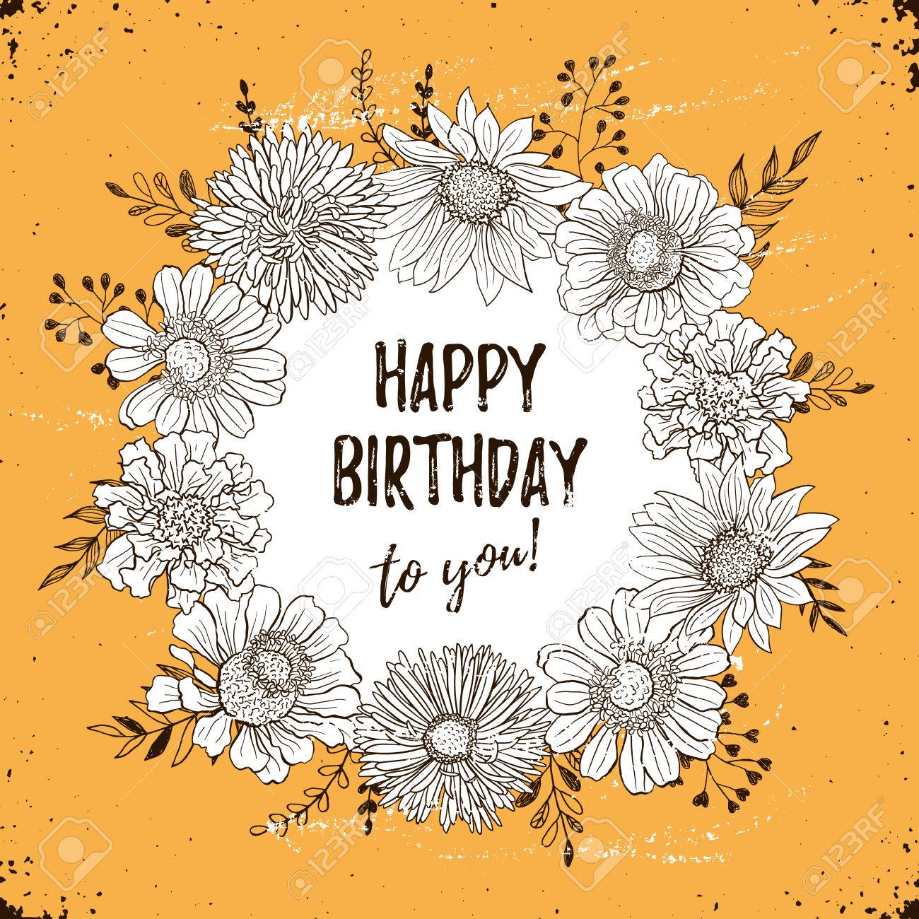 Joyeux Anniversaire Retro Affiche Carte De Voeux Avec Des Fleurs Tire Par La Main Dans Le Style Vintage Decoratif Cadre Doodle Des Fleurs Et Des Branches De Griffonnage Avec Le Texte D Anniversaire