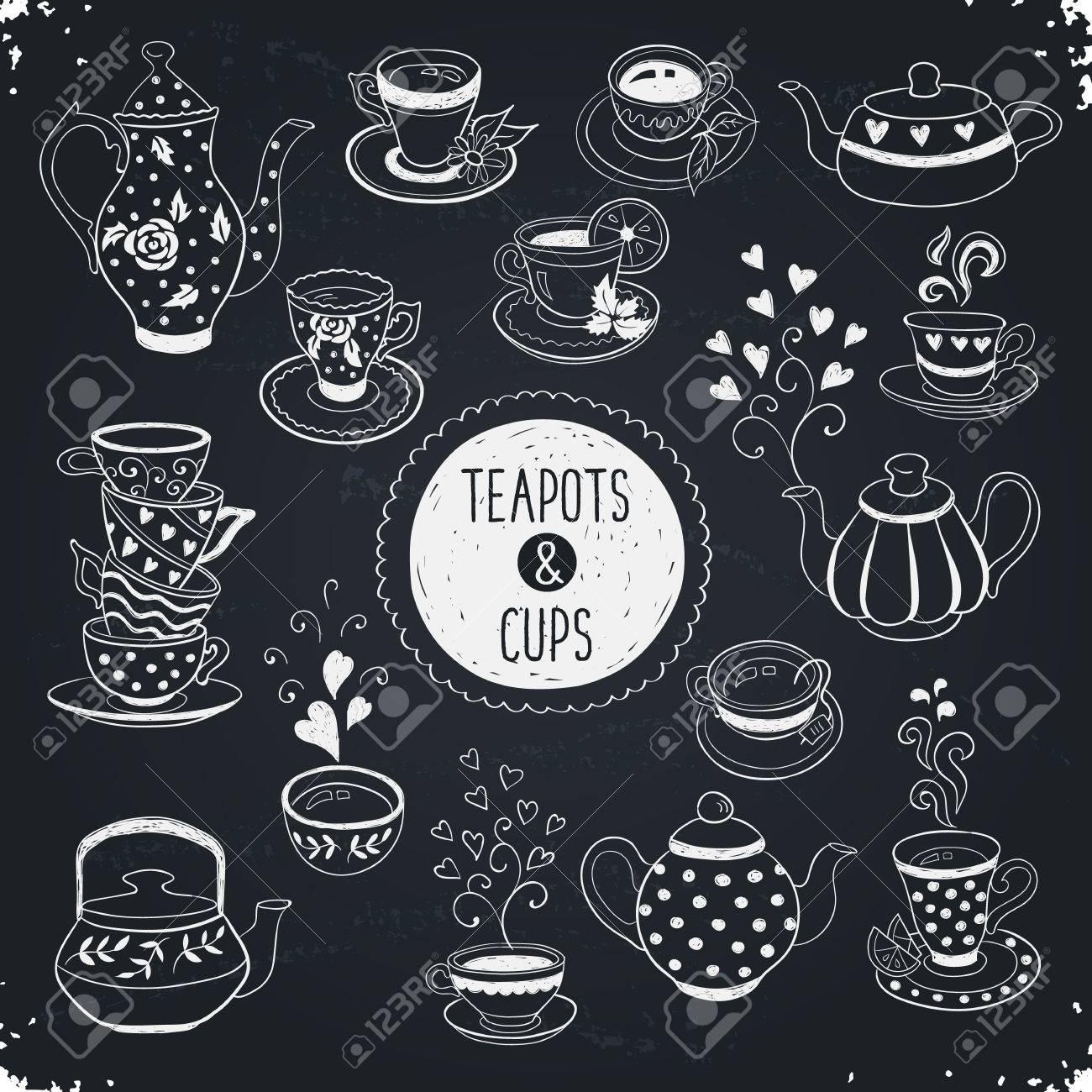 手描きのティーポットとカップのコレクション ティーカップ コーヒー カップ ティーポットを黒板に落書き カフェやレストランのメニュー デザインのベクター イラストです のイラスト素材 ベクタ Image